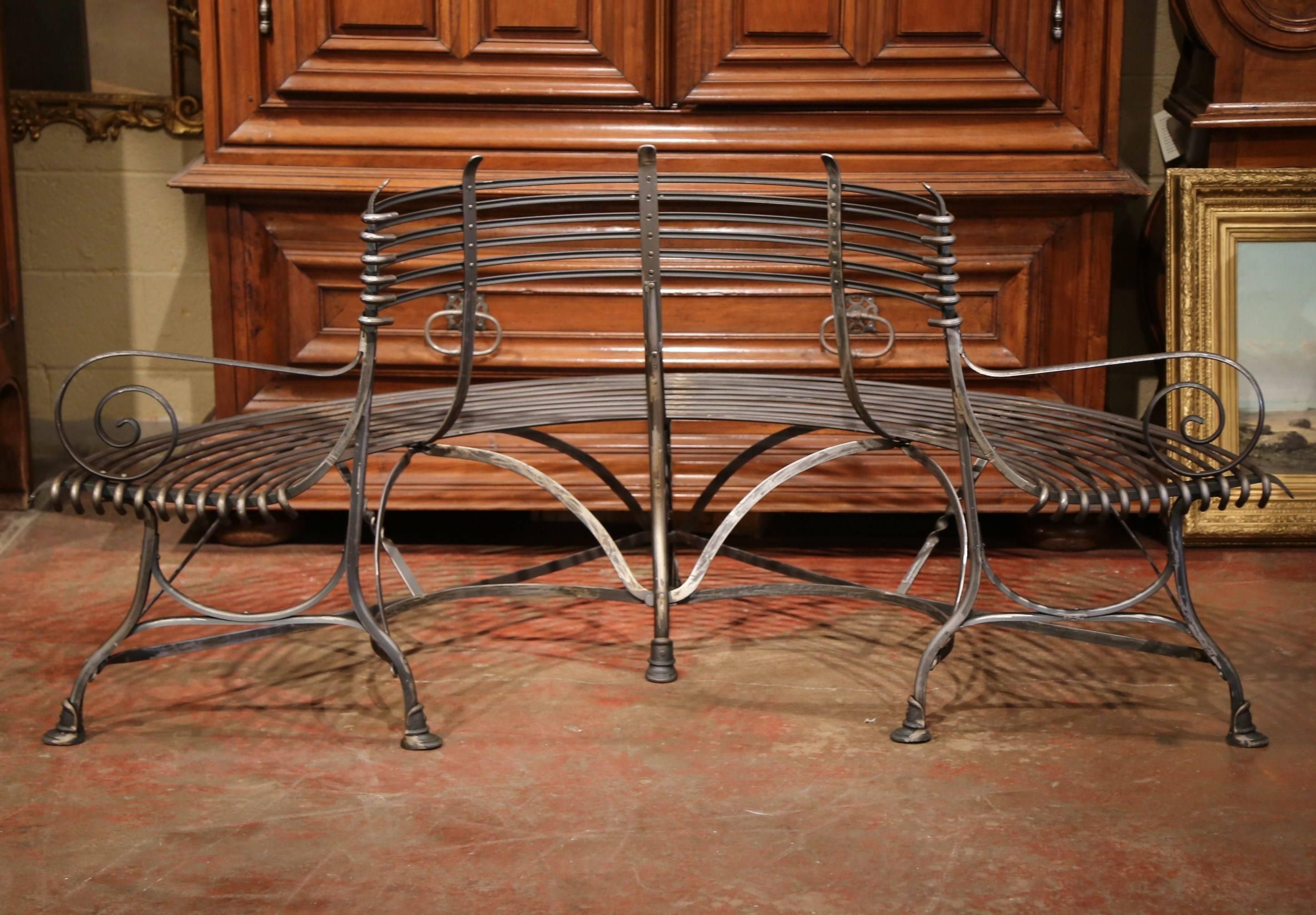 Hand-Crafted French Polished Iron Curved Around the Tree Shaped Garden Bench Signed Sauveur