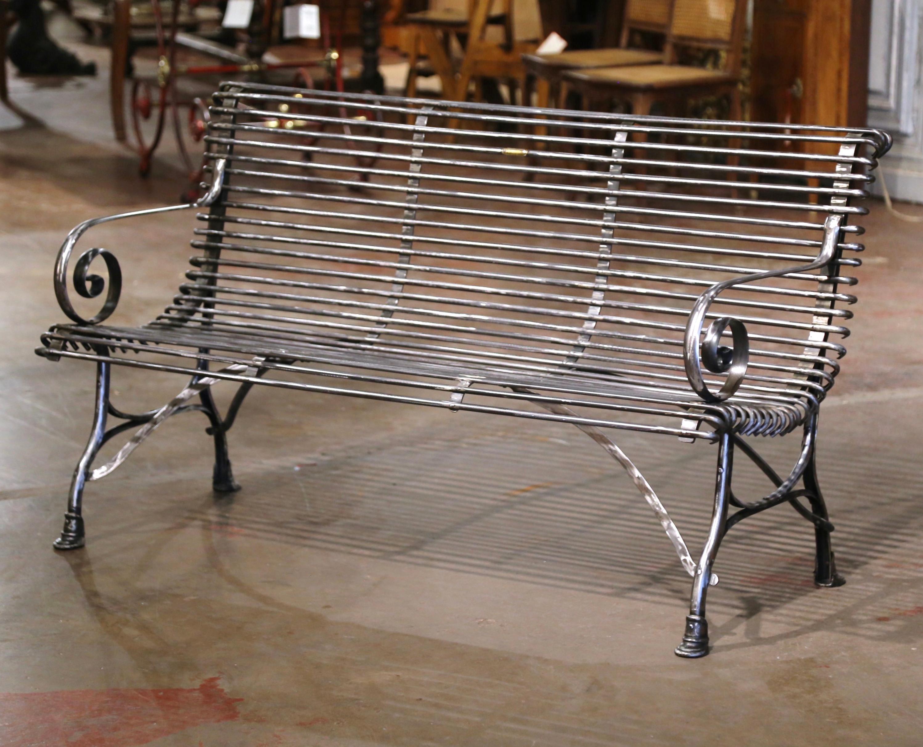 French Polished Iron Three-Seat Bench with Scrolled Arms Signed Sauveur Arras For Sale 1