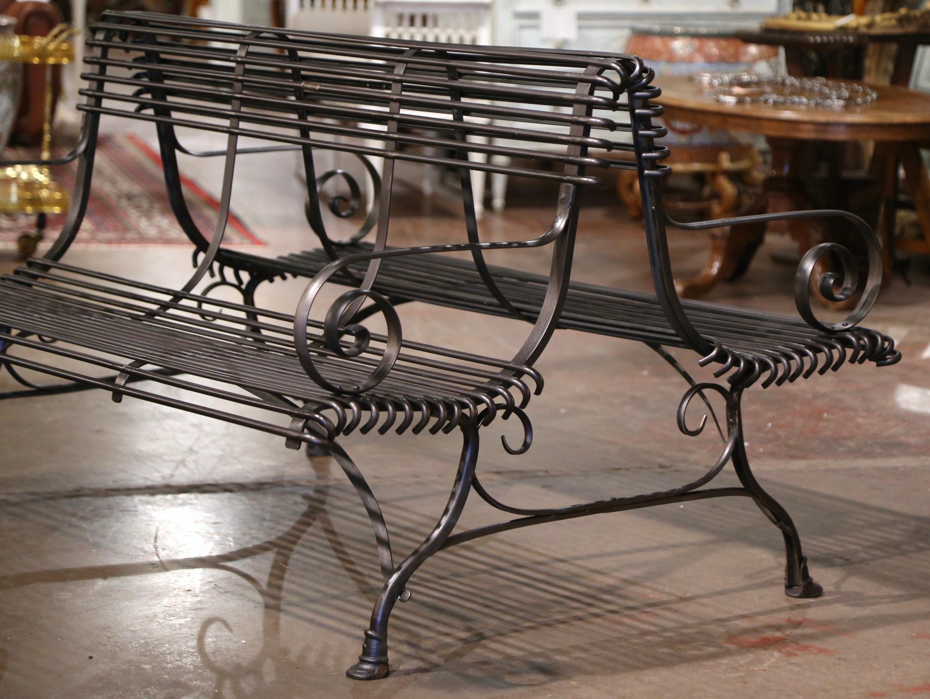 Hand-Crafted French Iron Two-Sided Bench with Scrolled Arms Signed Sauveur Arras For Sale