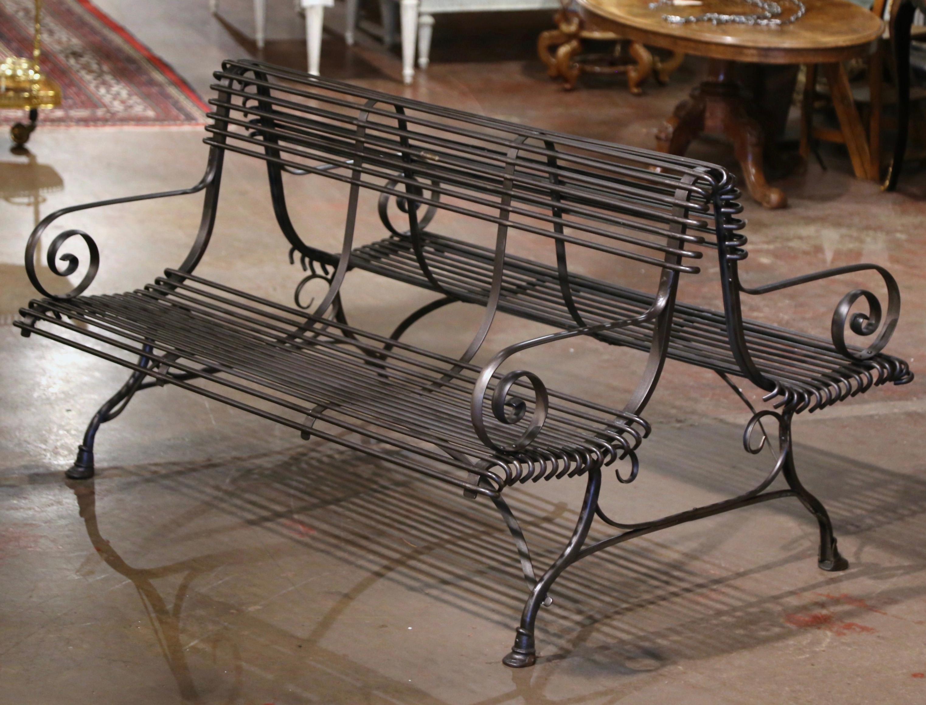 French Iron Two-Sided Bench with Scrolled Arms Signed Sauveur Arras For Sale 1