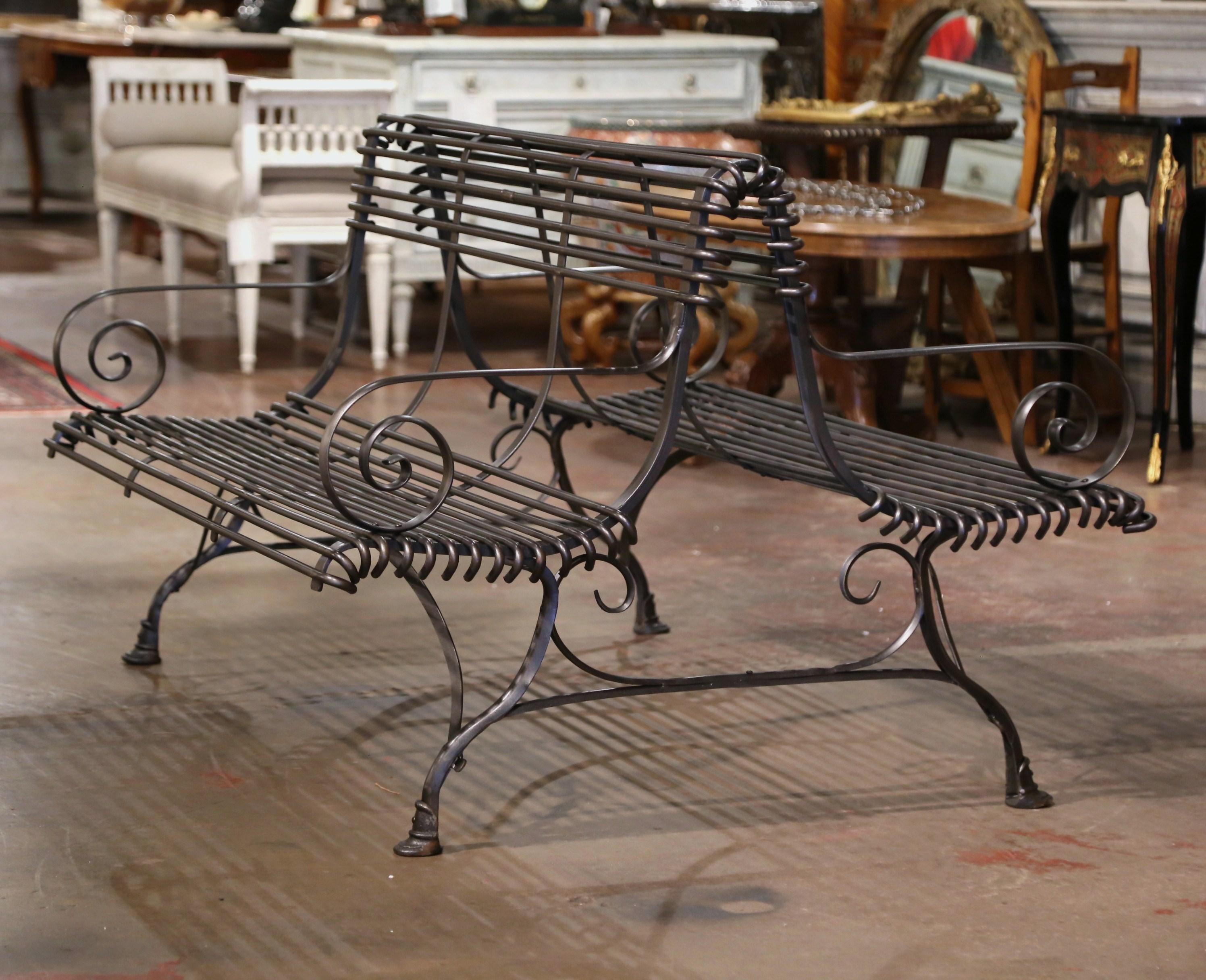 French Iron Two-Sided Bench with Scrolled Arms Signed Sauveur Arras For Sale 2