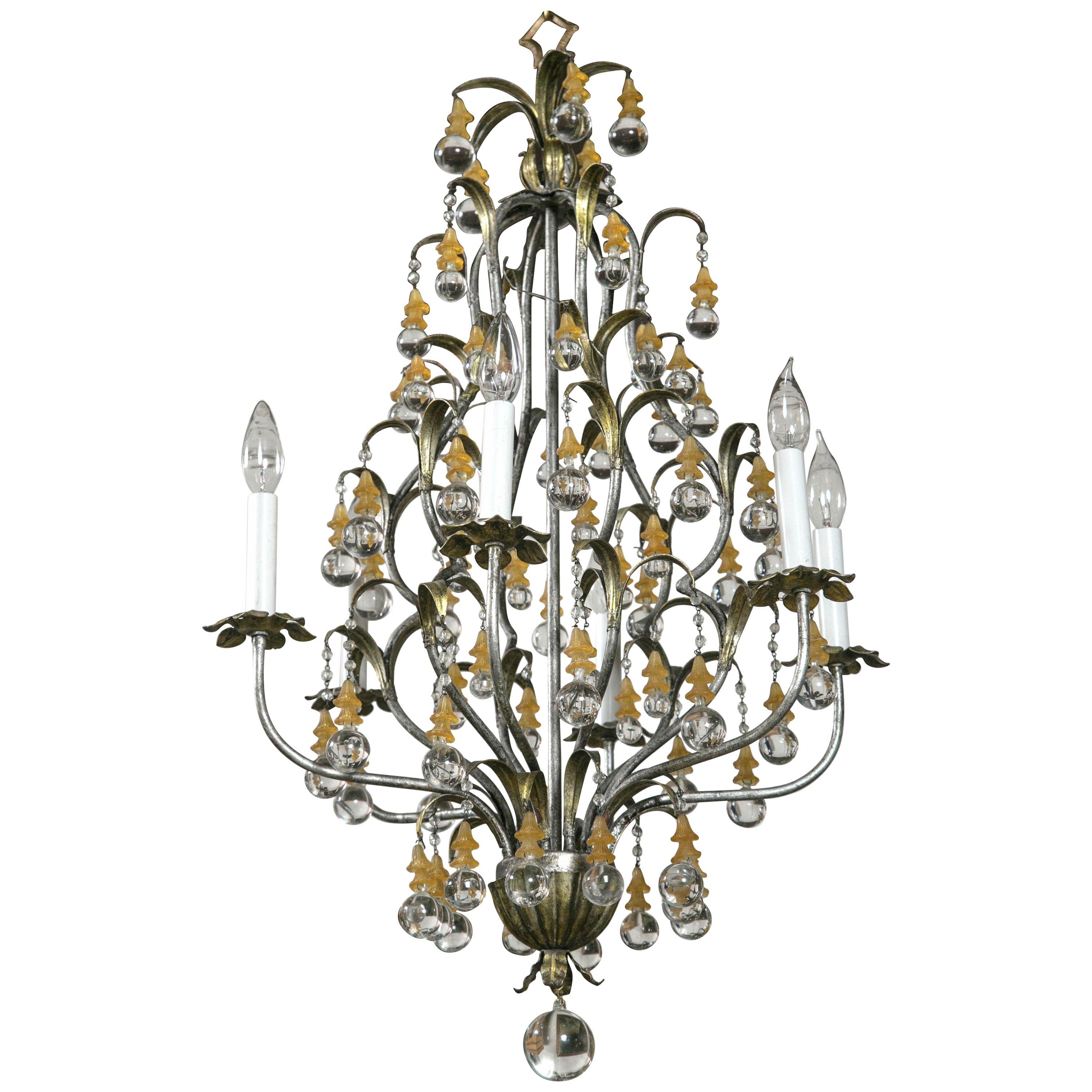 French Polished Steel and Glass Midcentury Six-Light Chandelier For Sale
