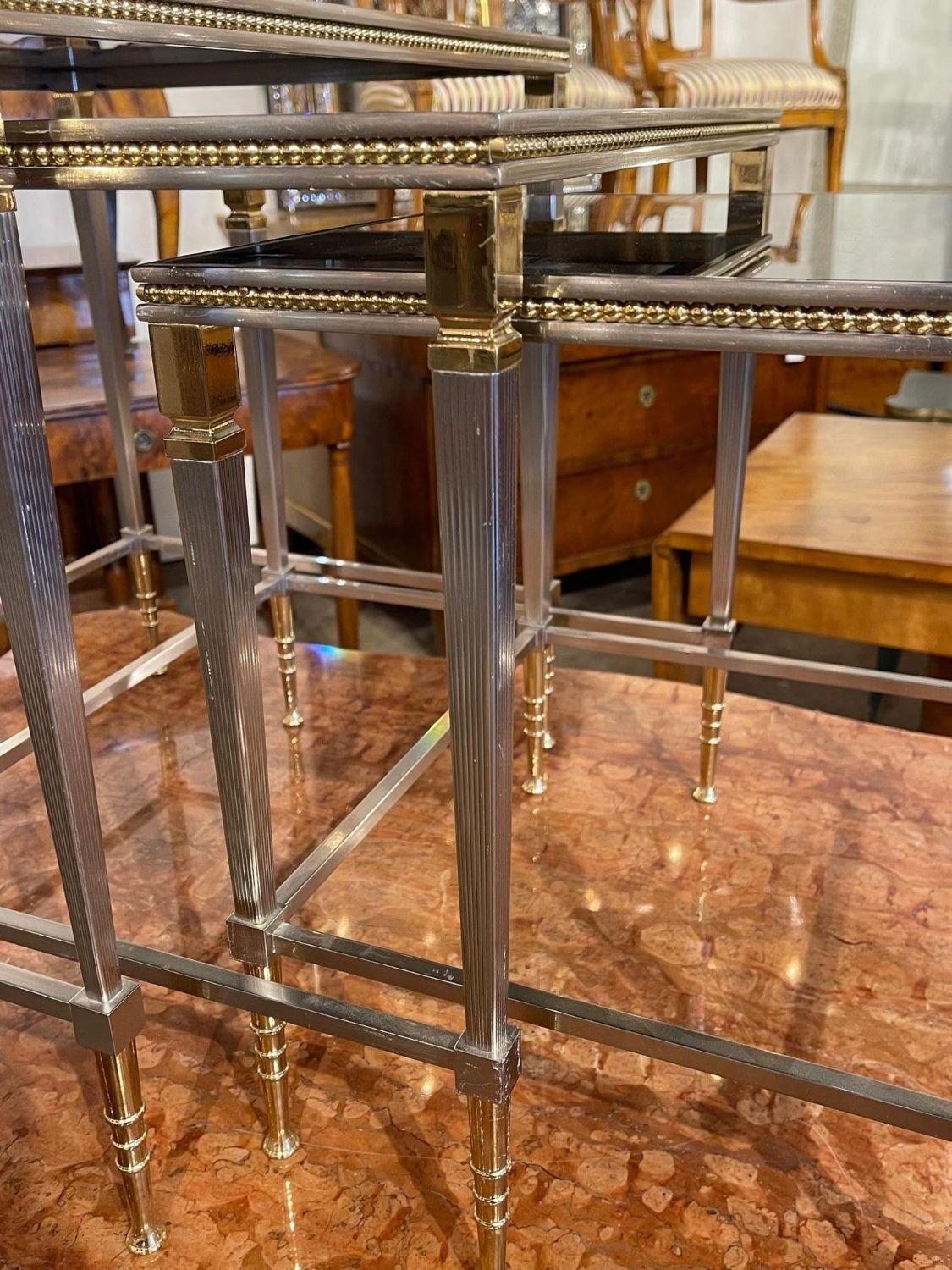 French Polished Steel & Brass Nesting Tables, 3 Pieces In Good Condition In Dallas, TX