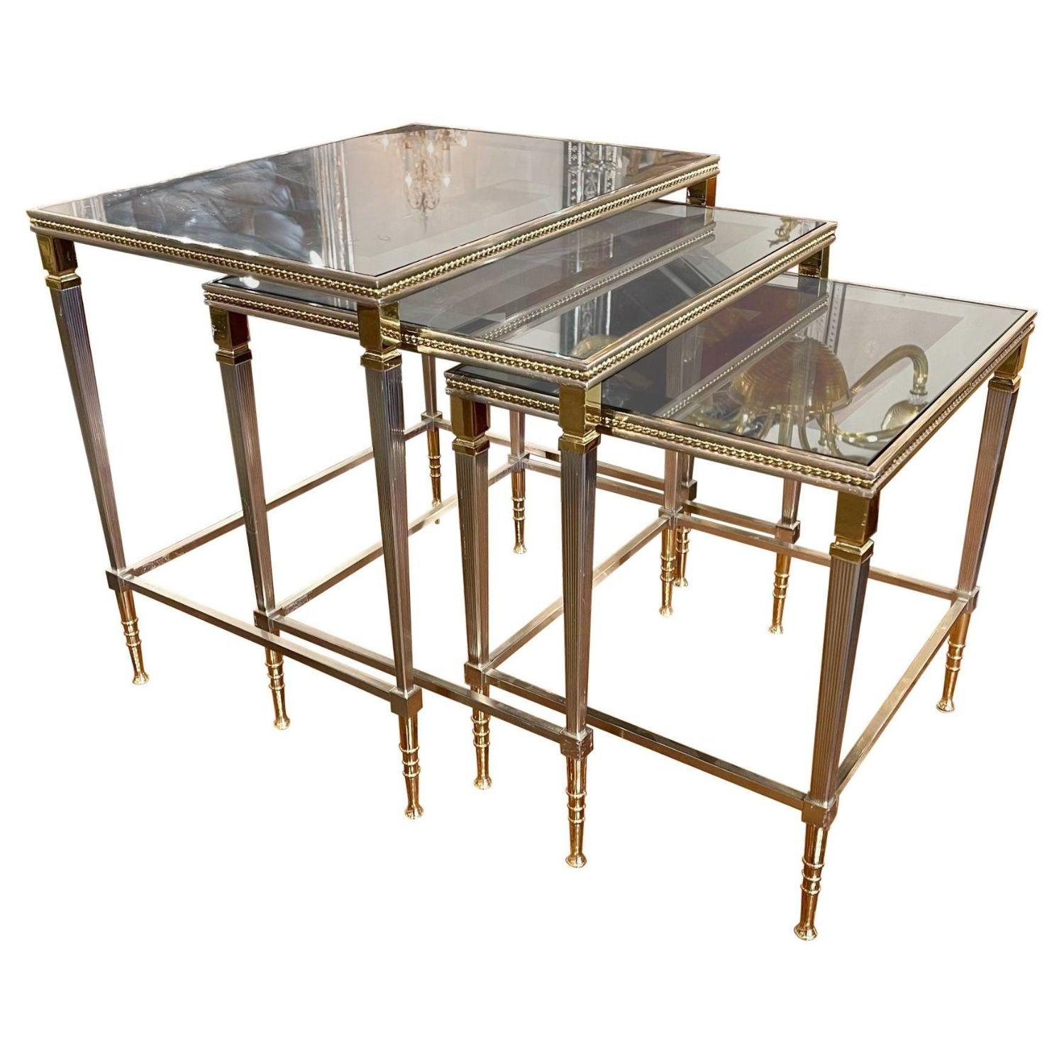 French Polished Steel & Brass Nesting Tables, 3 Pieces 3