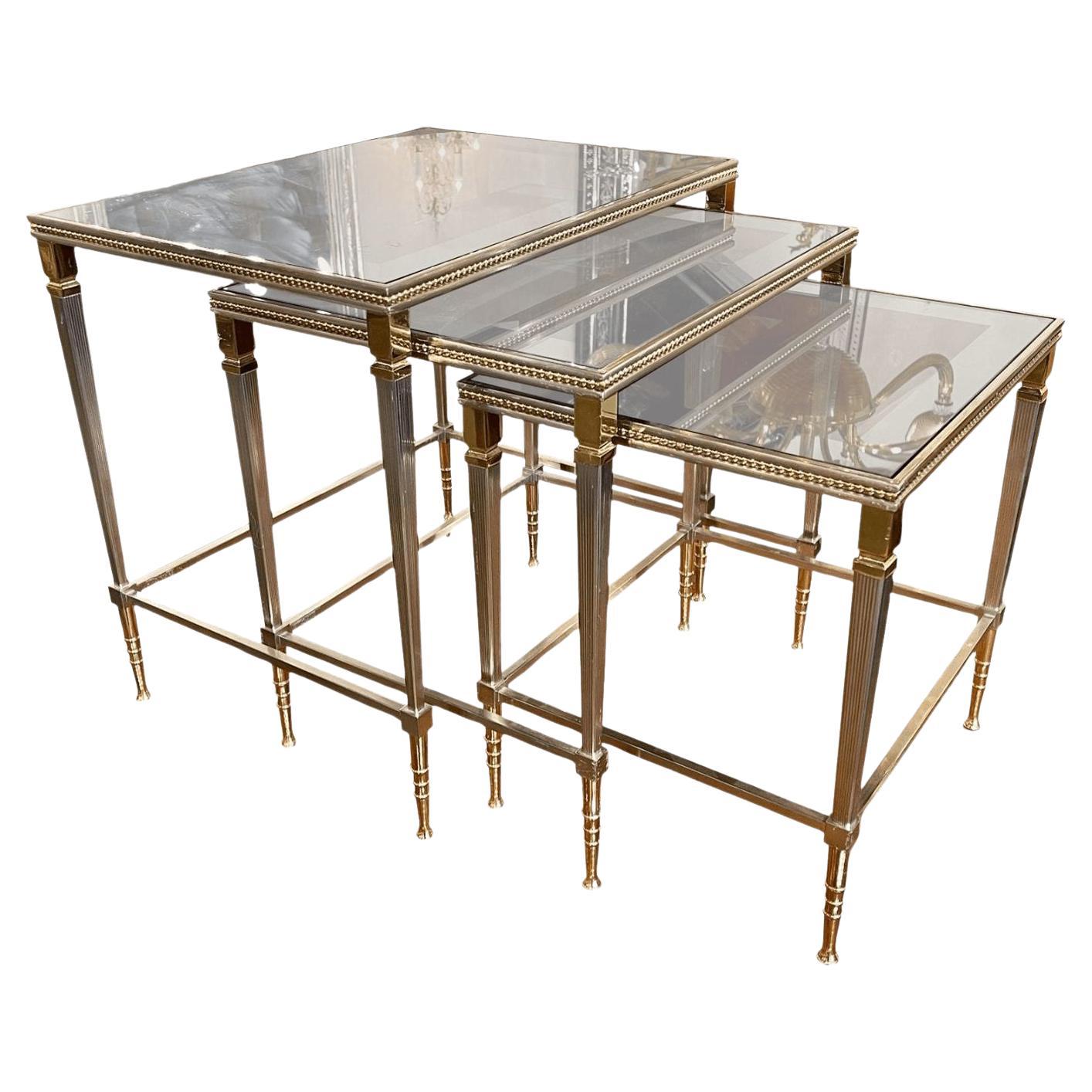 French Polished Steel & Brass Nesting Tables, 3 Pieces