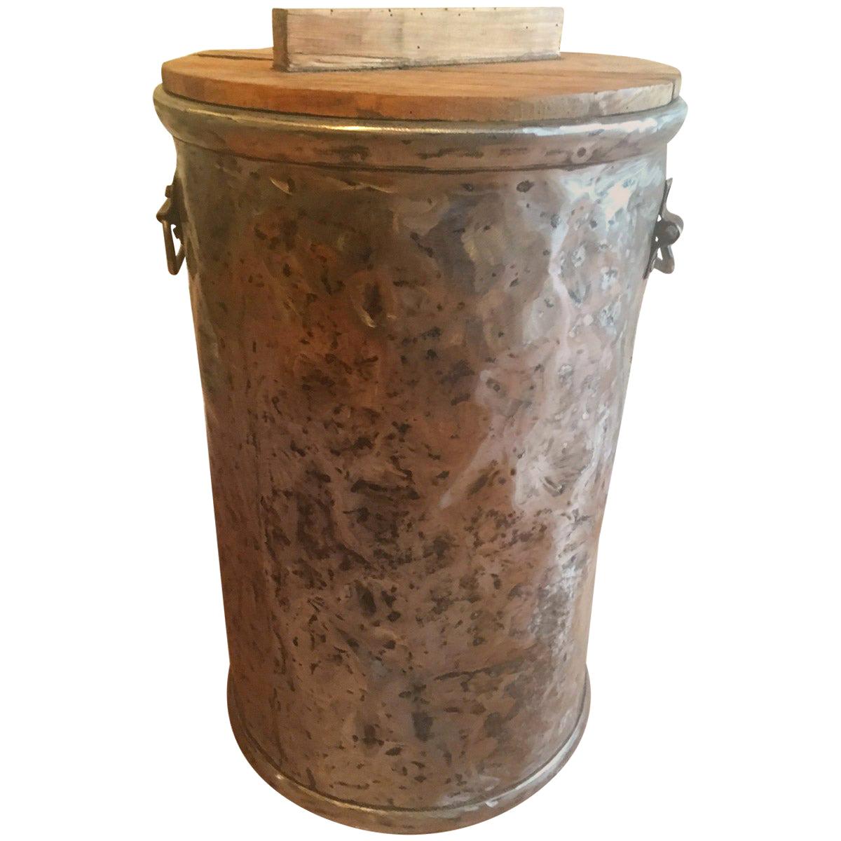 French Polished Steel Storage Bin with Wooden Lid