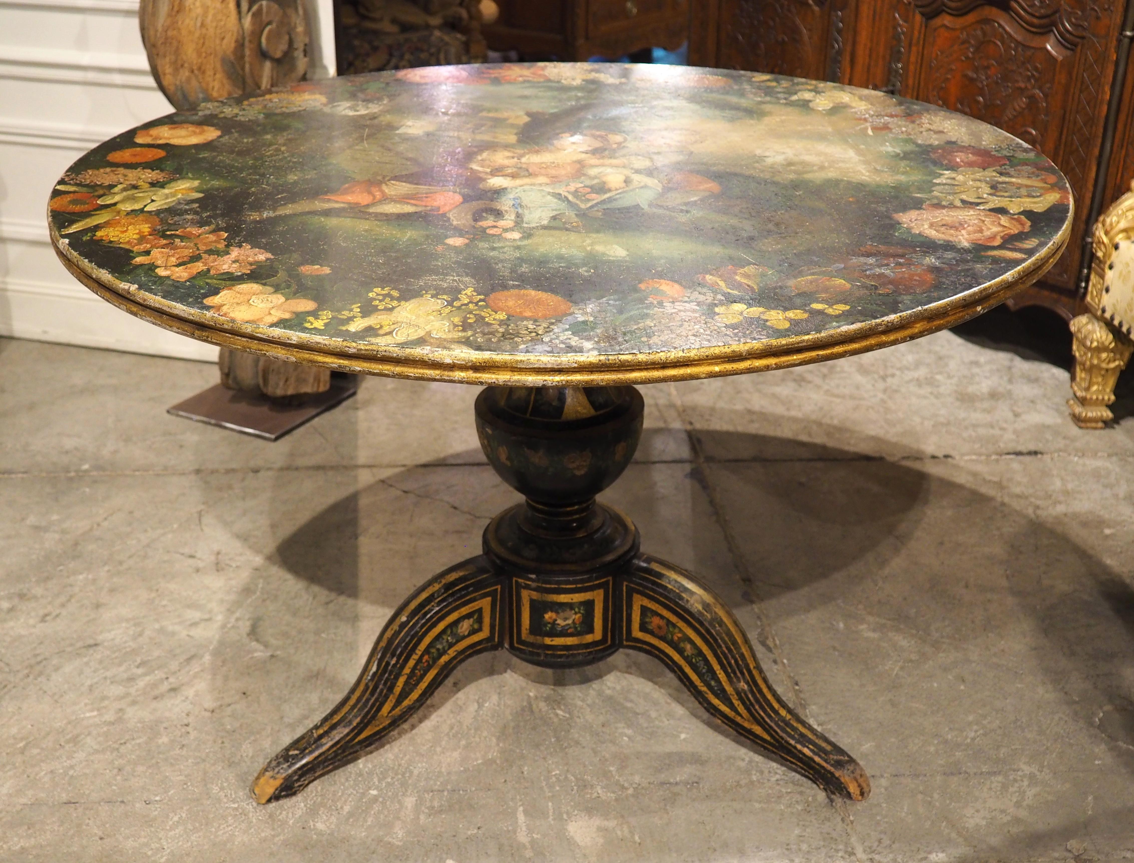 French Polychrome Painted and Ebonized 19th Century Napoleon III Pedestal Table For Sale 1