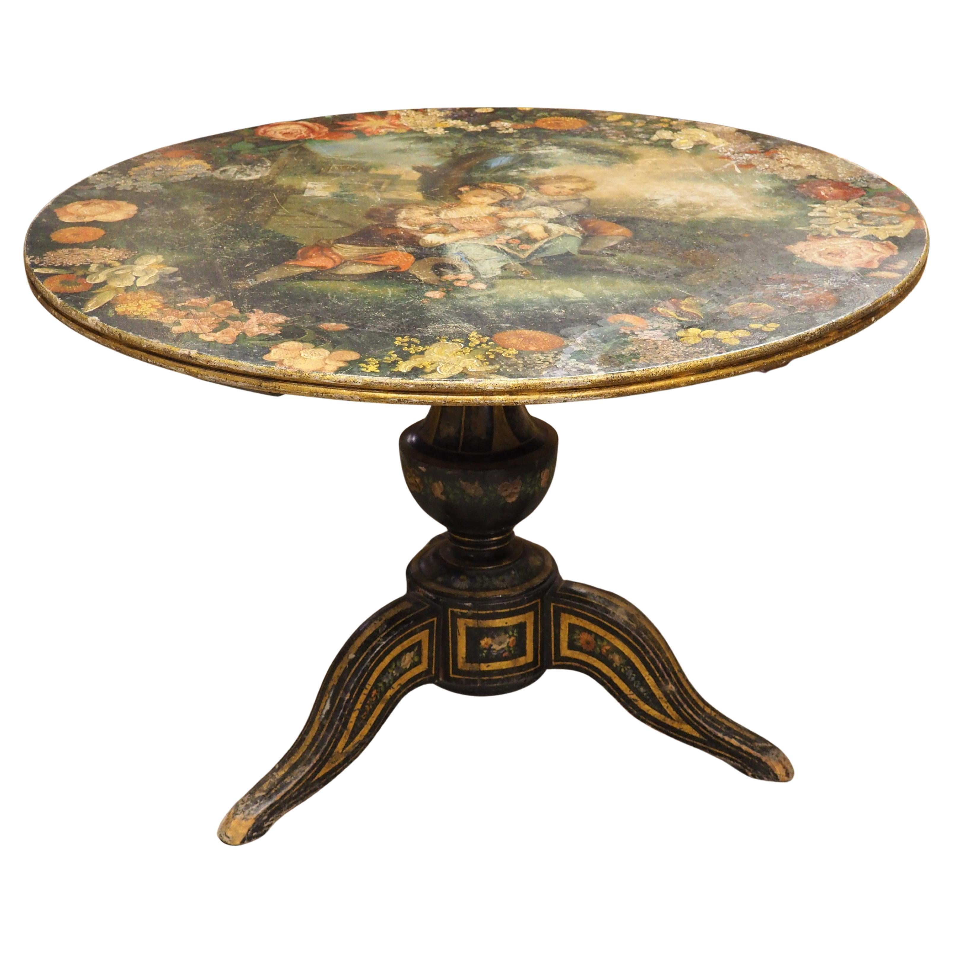 Mesa francesa de pedestal policromada y ebonizada del siglo XIX Napoleón III