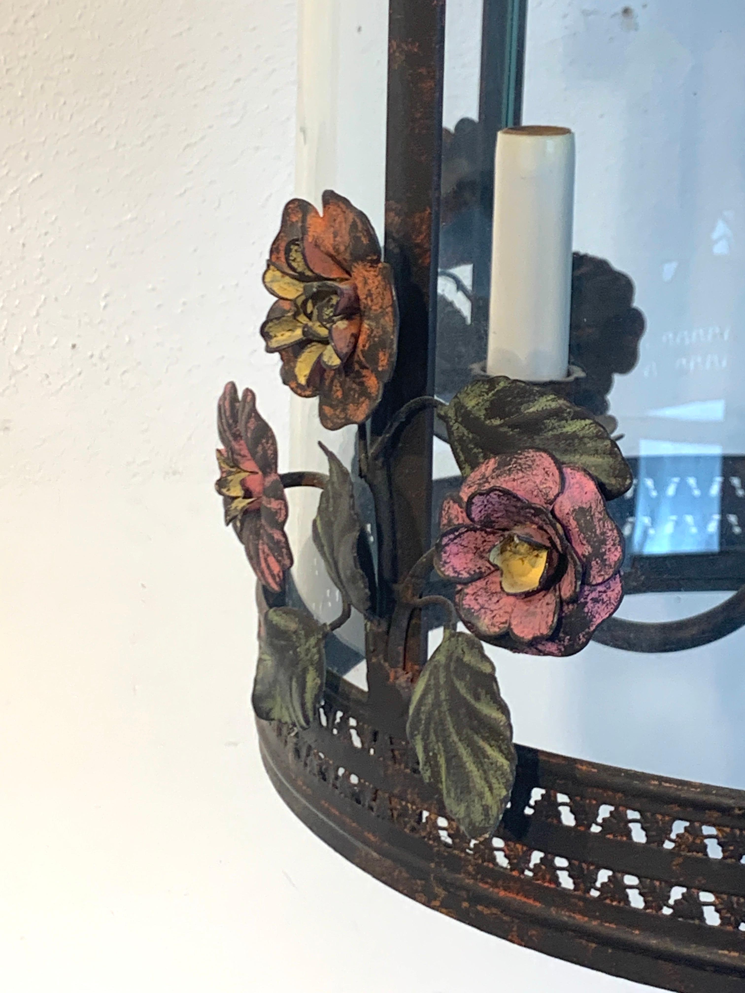 20th Century French Polychromed Tole Floral Lantern For Sale