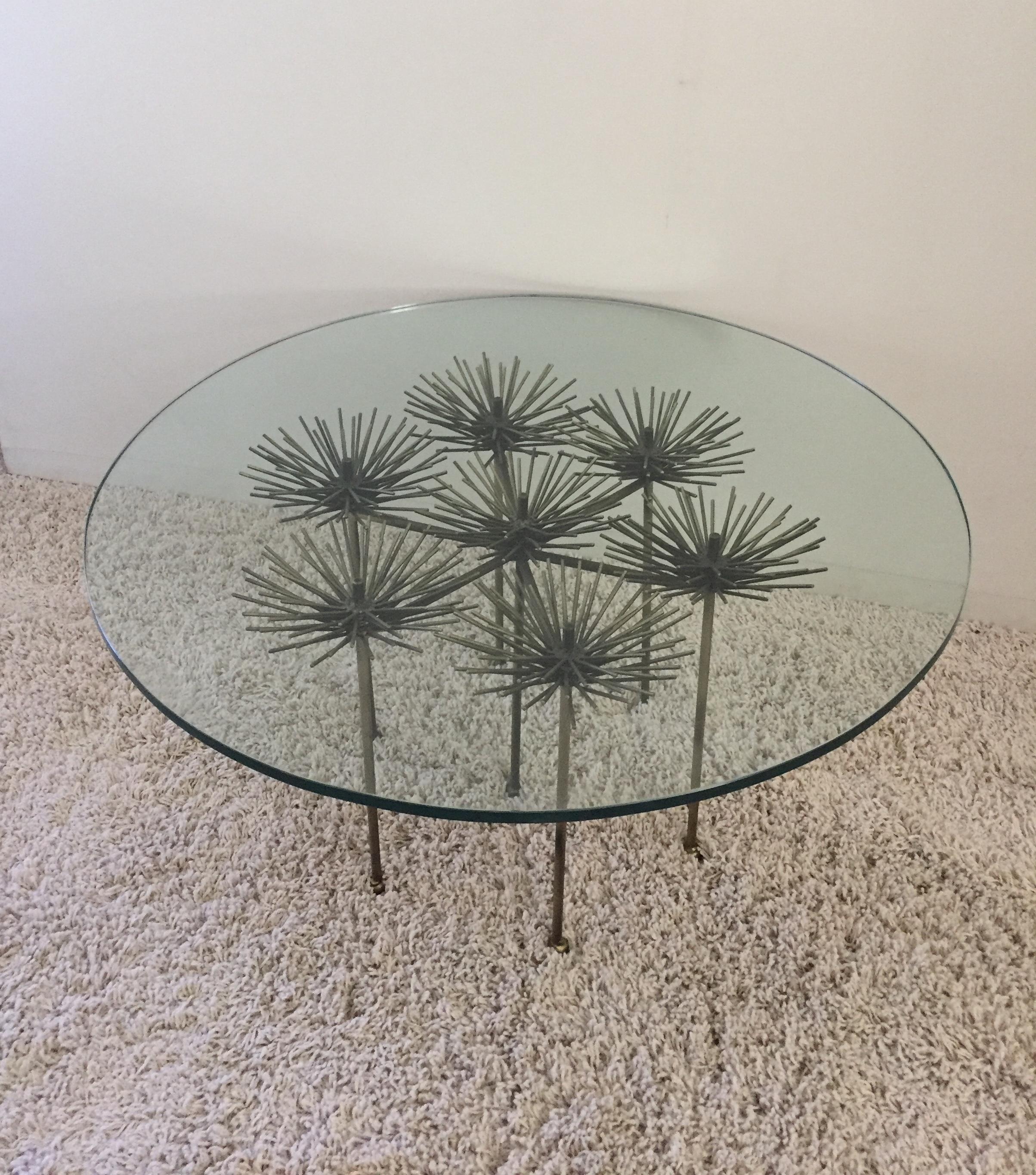 Mid-Century Modern French Pom Pom Bronze Gilt Iron Curtis Jere Style Petite Cocktail Table For Sale