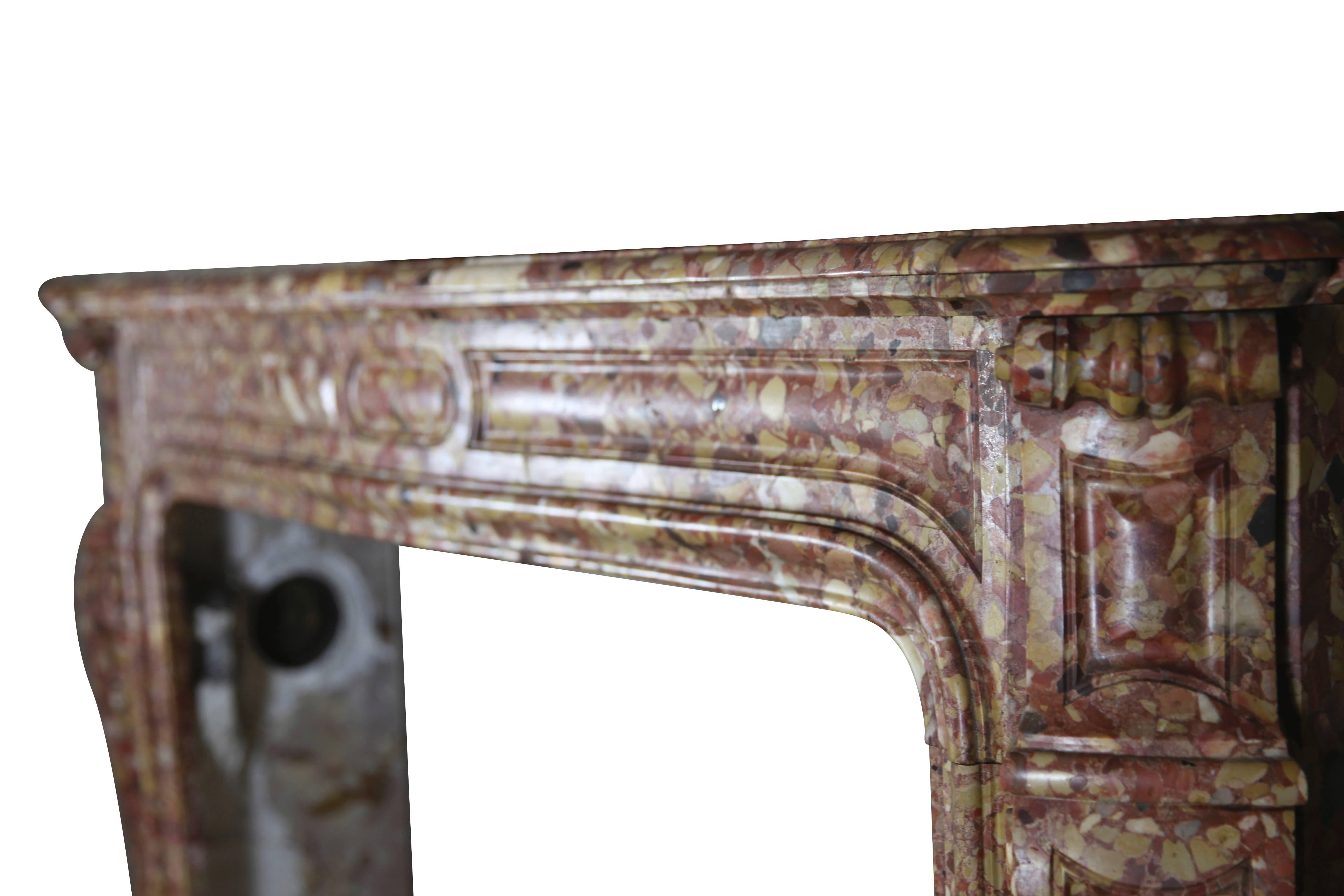 Carved French Pompadour Antique Fireplace Surround in Breche d'aleppe Marble For Sale