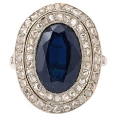French "Pompadour" Oval Sapphire Ring with Rose Cut Diamonds