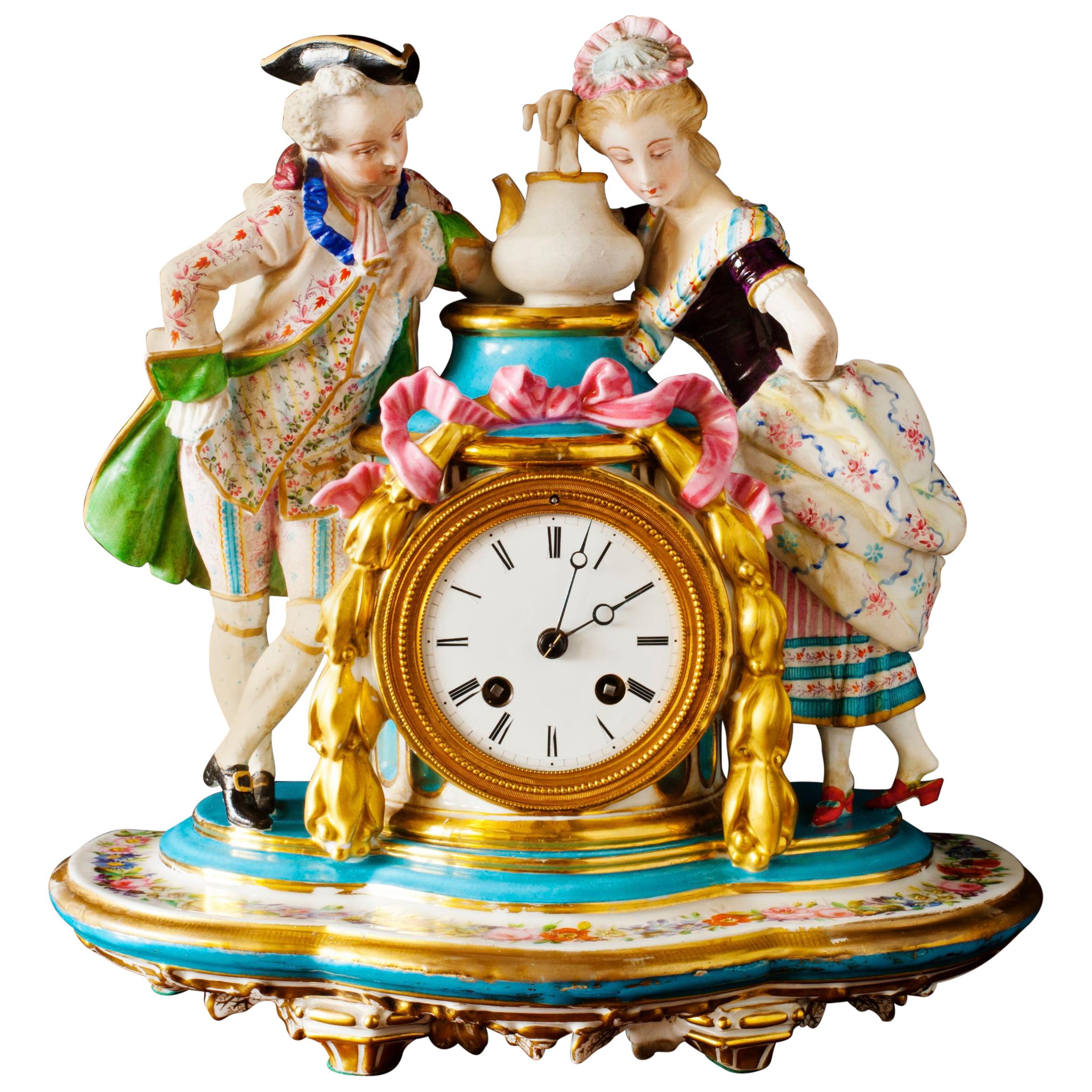 French Porcelain and Bisque Mantel Clock by Miroy Freres, Paris For Sale