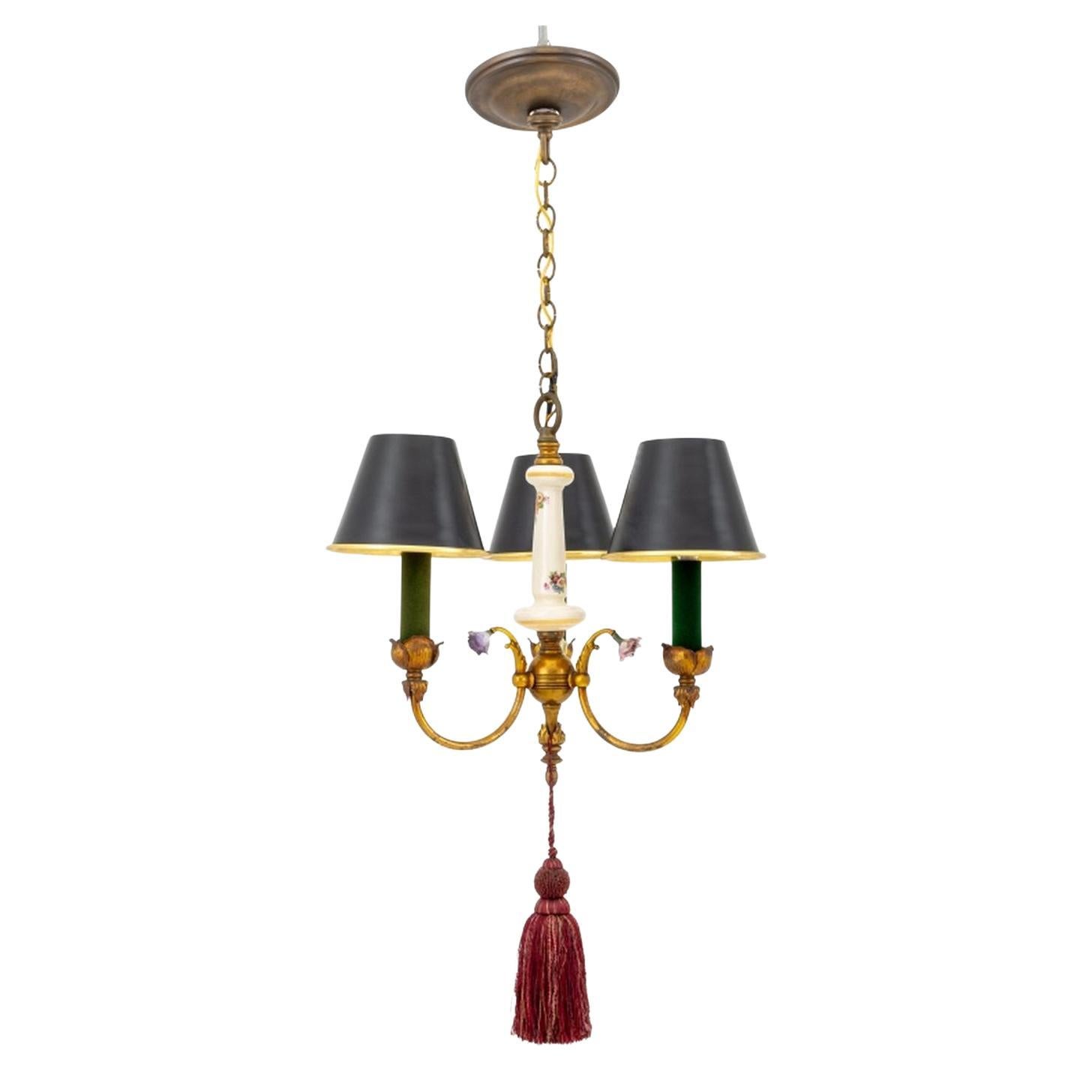 French Porcelain and Brass Three-Light Chandelier