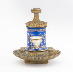 French Porcelain and Bronze Encrier a Pompe