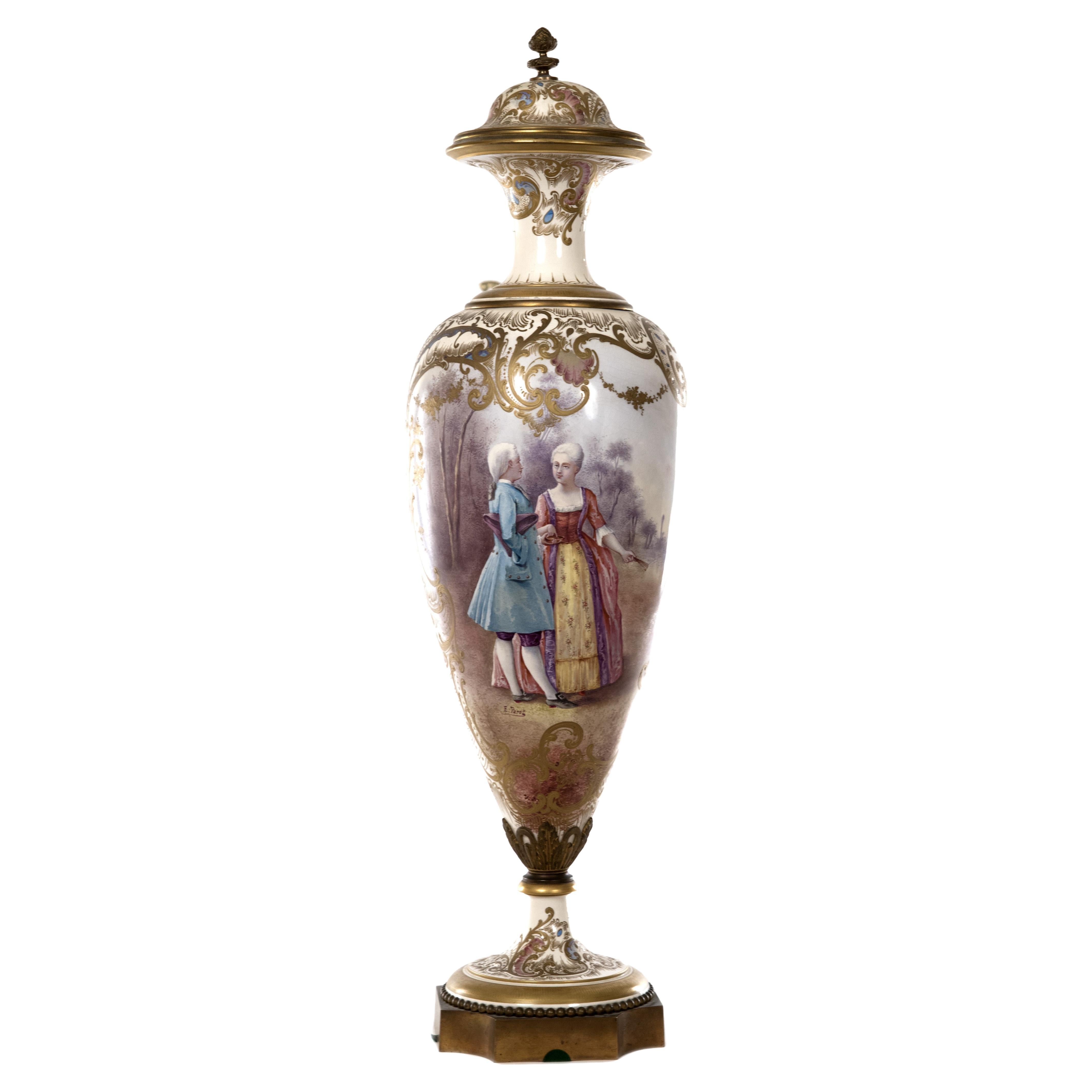 French Porcelain and Gilt Bronze Baluster Urn with Lid For Sale