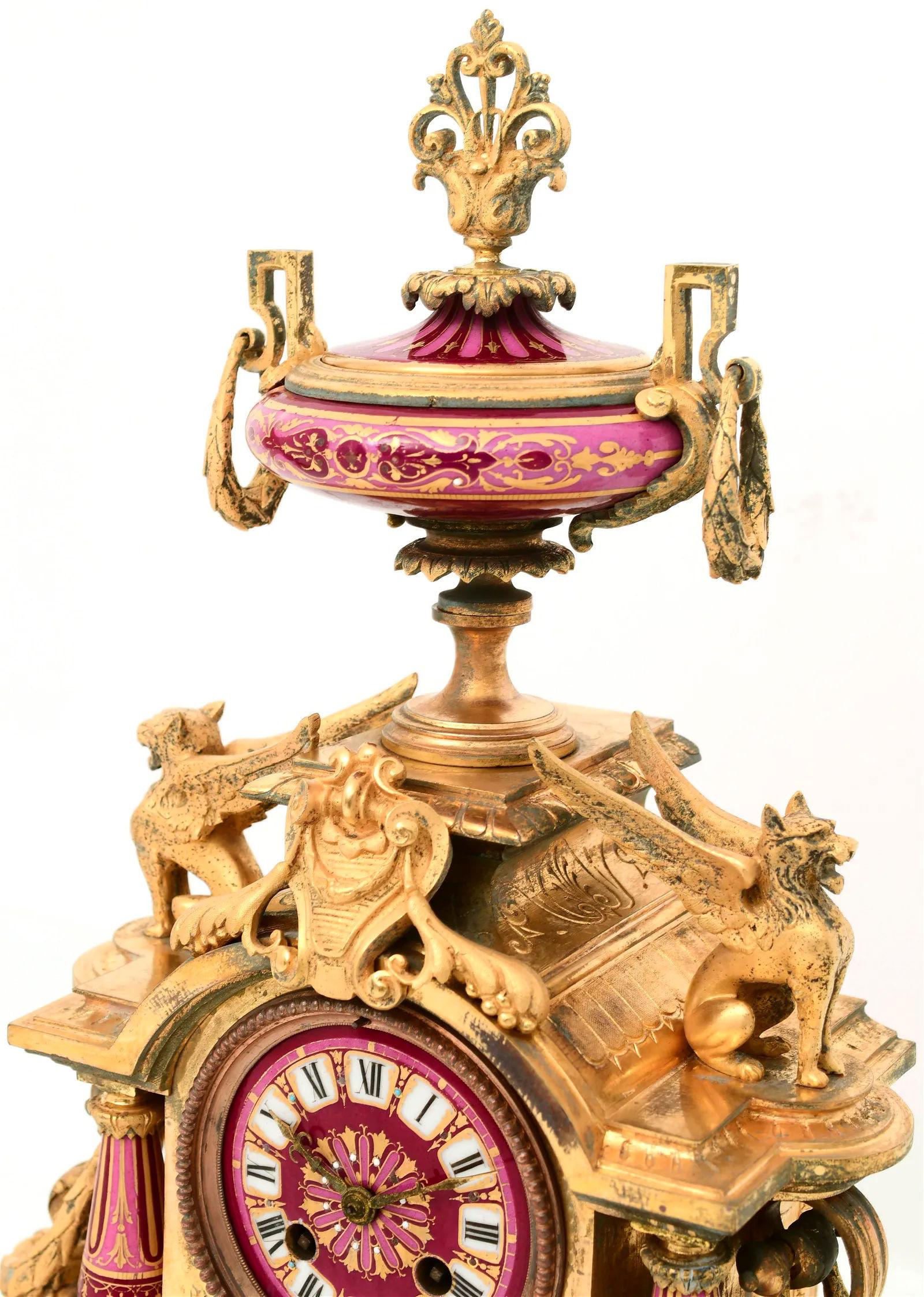 Enameled French Porcelain and Gilt Bronze Mantel Clock Garniture For Sale