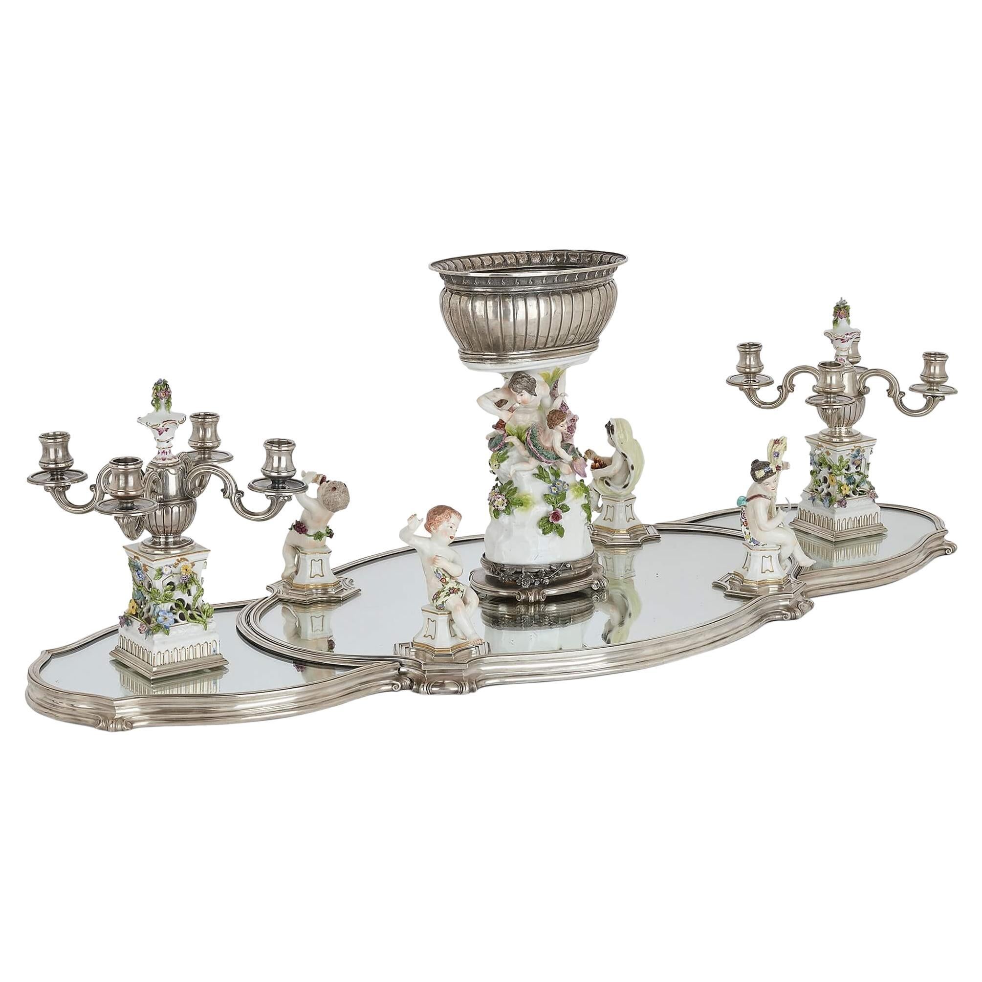 French Porcelain and Silver Centrepiece Suite by Tétard and Samson For Sale