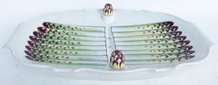 Vintage French Porcelain Asparagus Tray, Removable Cork Acorns for Draining