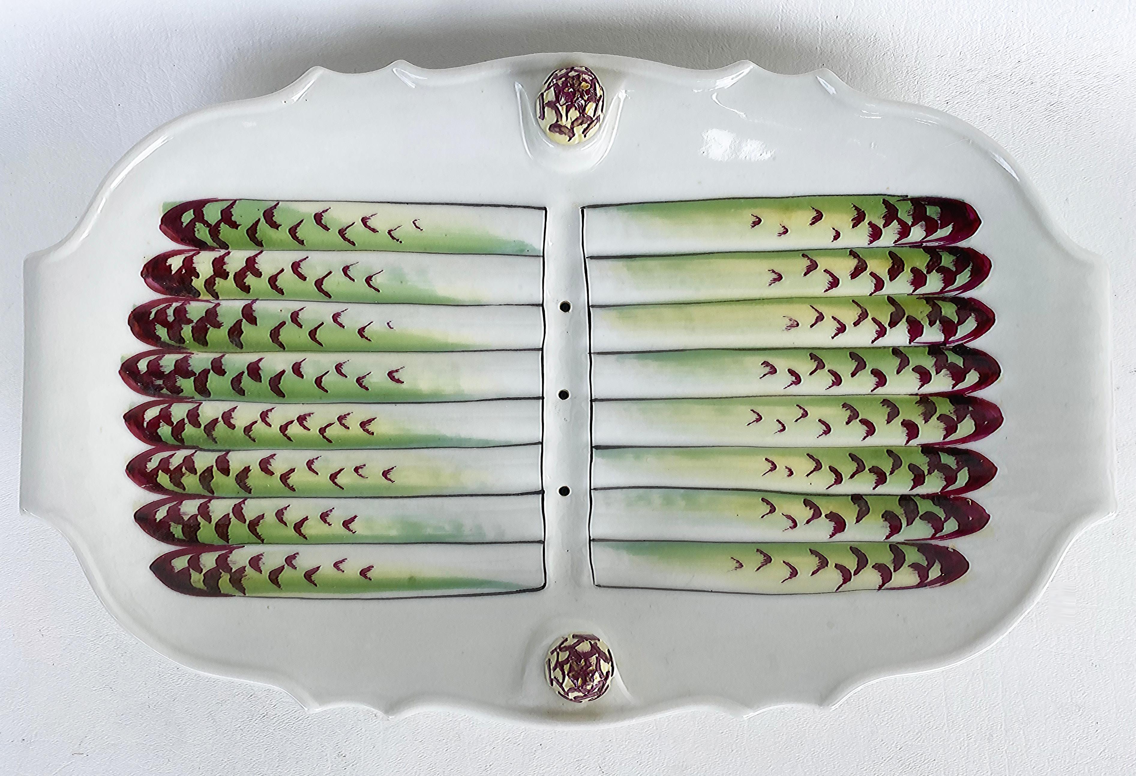 Hand-Painted Vintage French Porcelain Asparagus Tray, Removable Cork Acorns for Draining For Sale