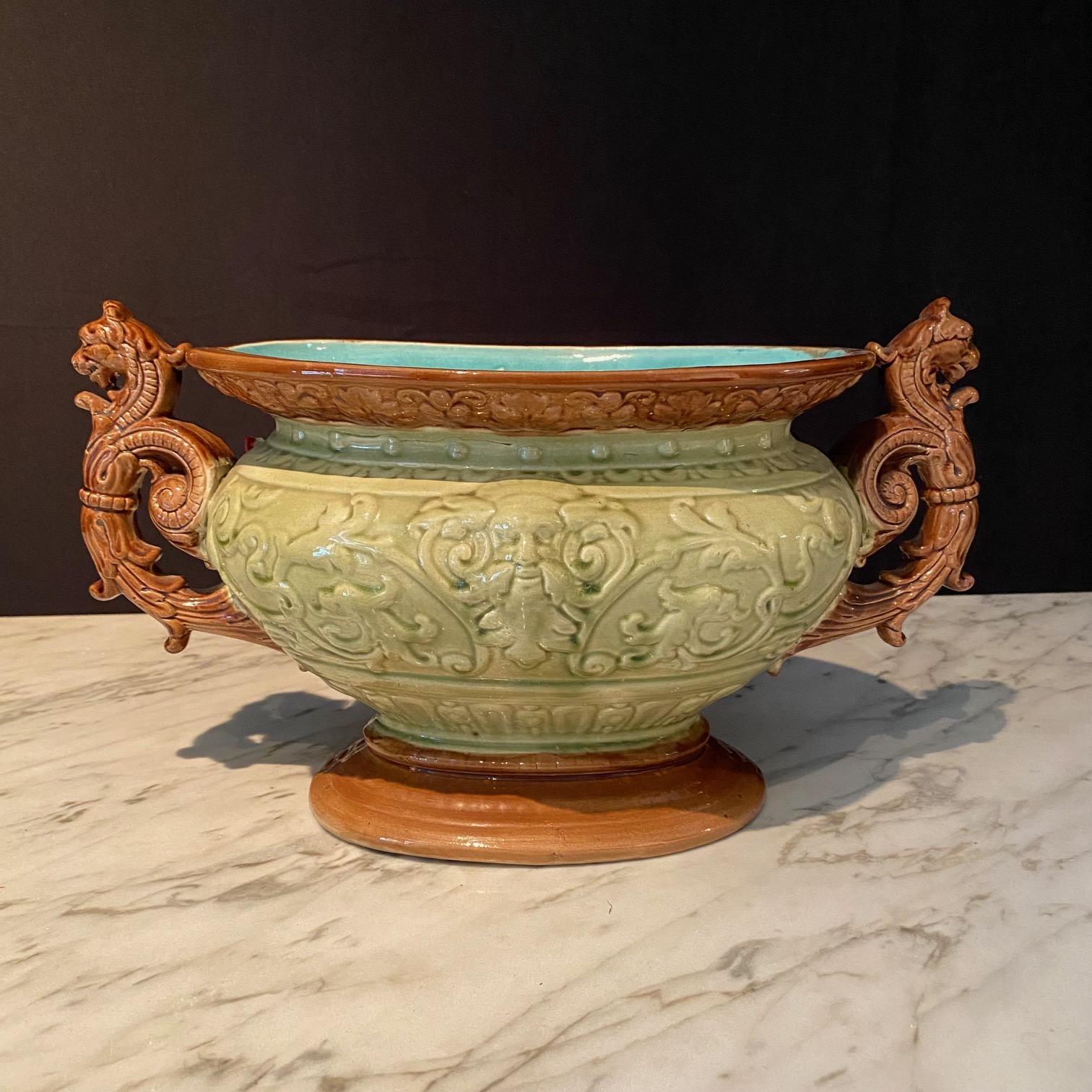 20th Century French Porcelain Barbotine Faience Majolica Jardiniere or Tureen For Sale