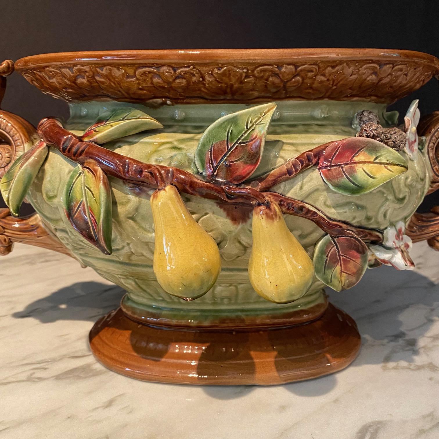French Porcelain Barbotine Faience Majolica Jardiniere or Tureen For Sale 1