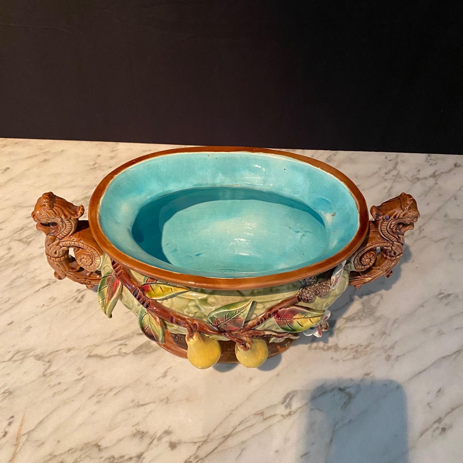 French Porcelain Barbotine Faience Majolica Jardiniere or Tureen For Sale 3