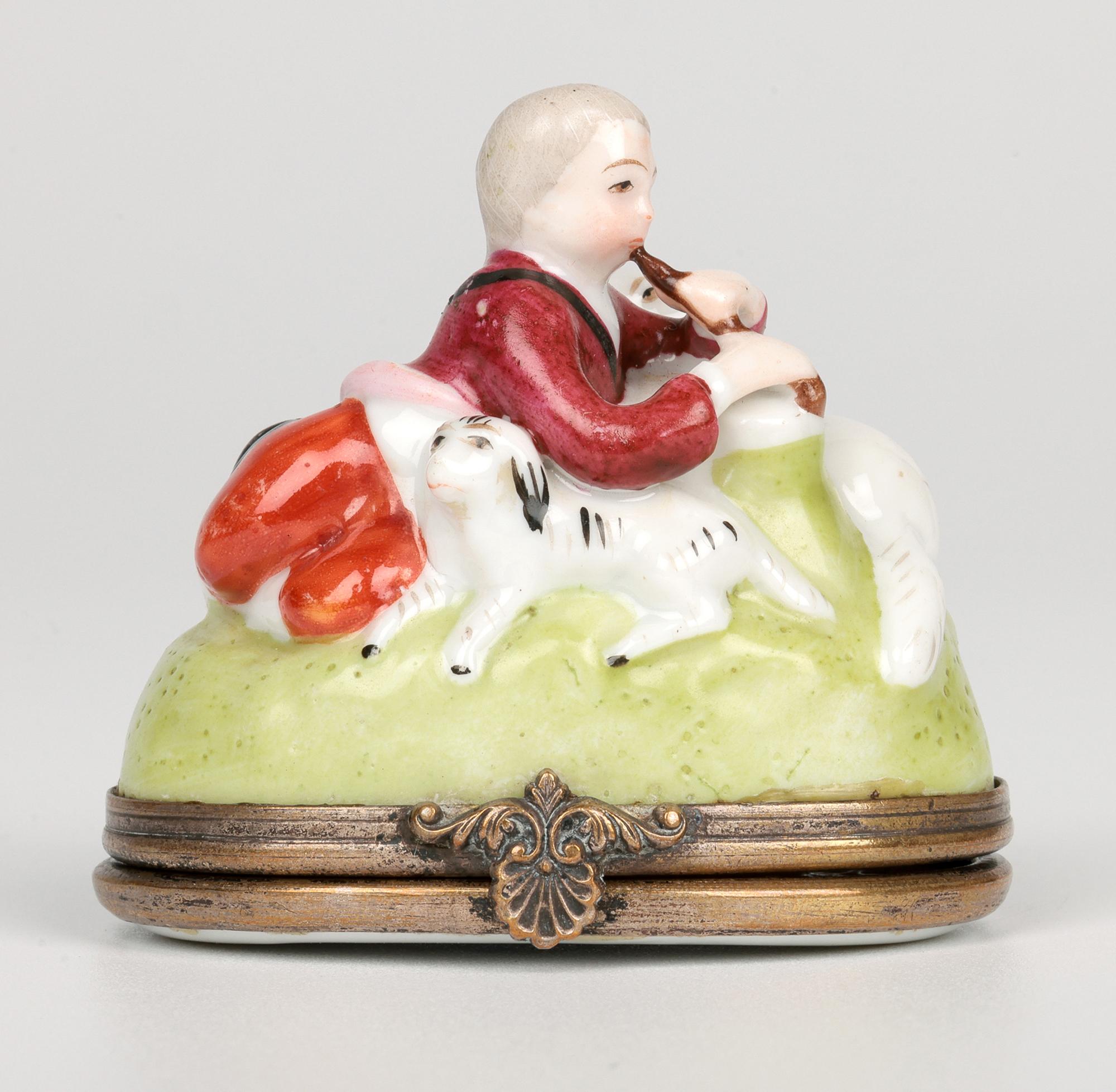 French Porcelain Brass Mounted Shepherd & Sheep Bonbonniere For Sale 4