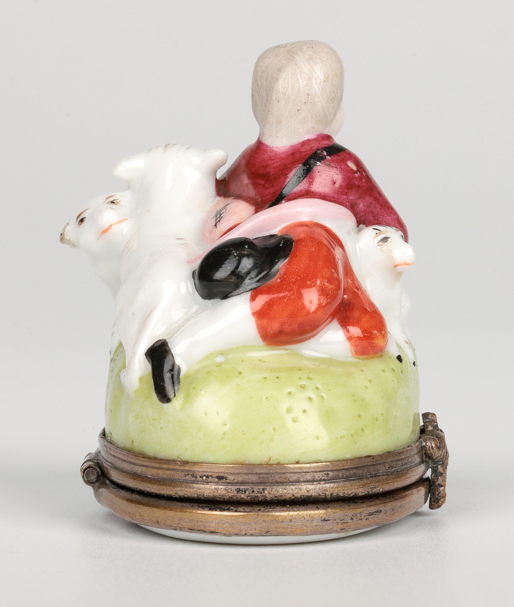 French Porcelain Brass Mounted Shepherd & Sheep Bonbonniere For Sale 7