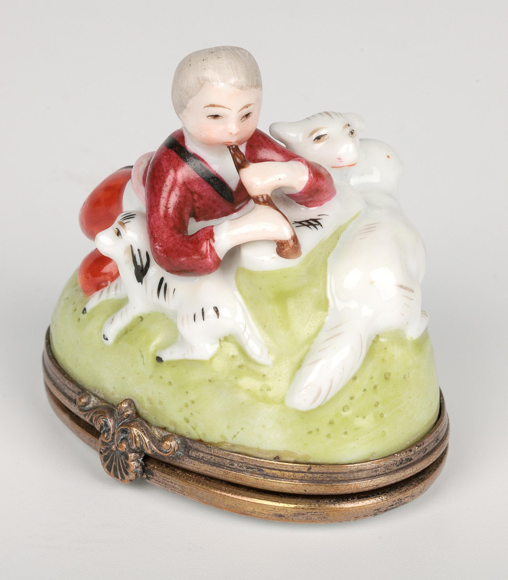 French Porcelain Brass Mounted Shepherd & Sheep Bonbonniere For Sale 9