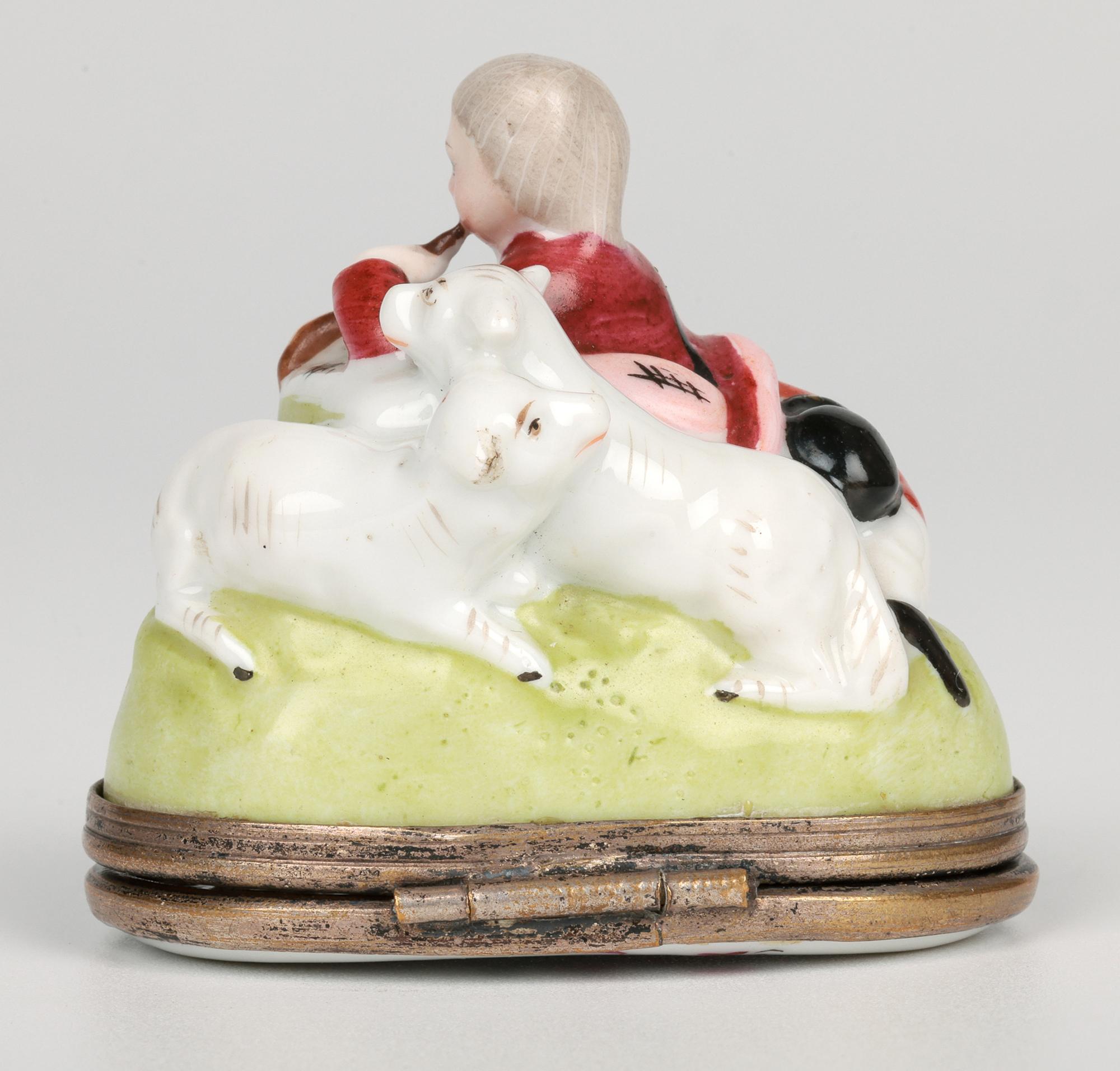 French Porcelain Brass Mounted Shepherd & Sheep Bonbonniere For Sale 10