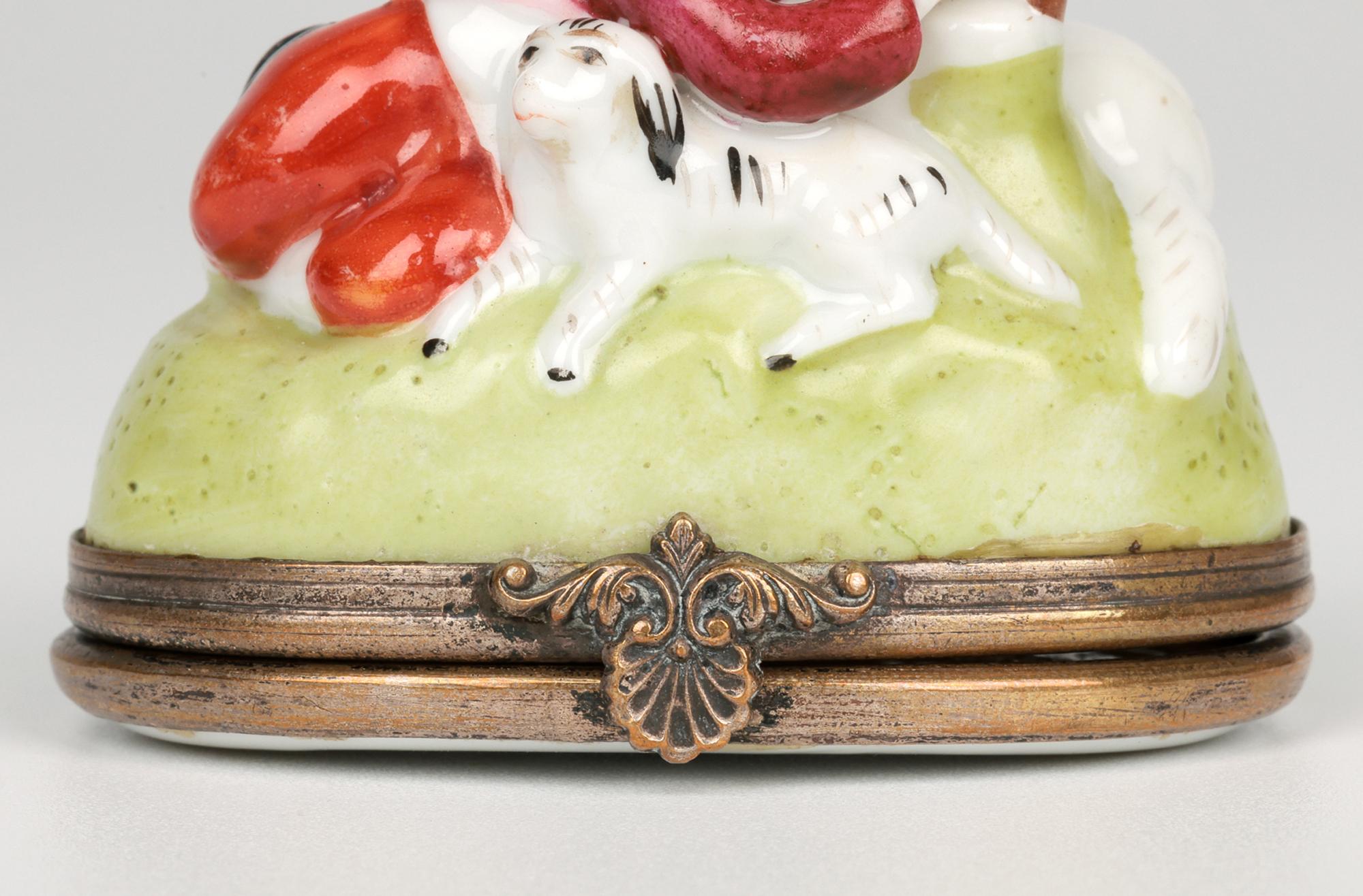 Empire French Porcelain Brass Mounted Shepherd & Sheep Bonbonniere For Sale