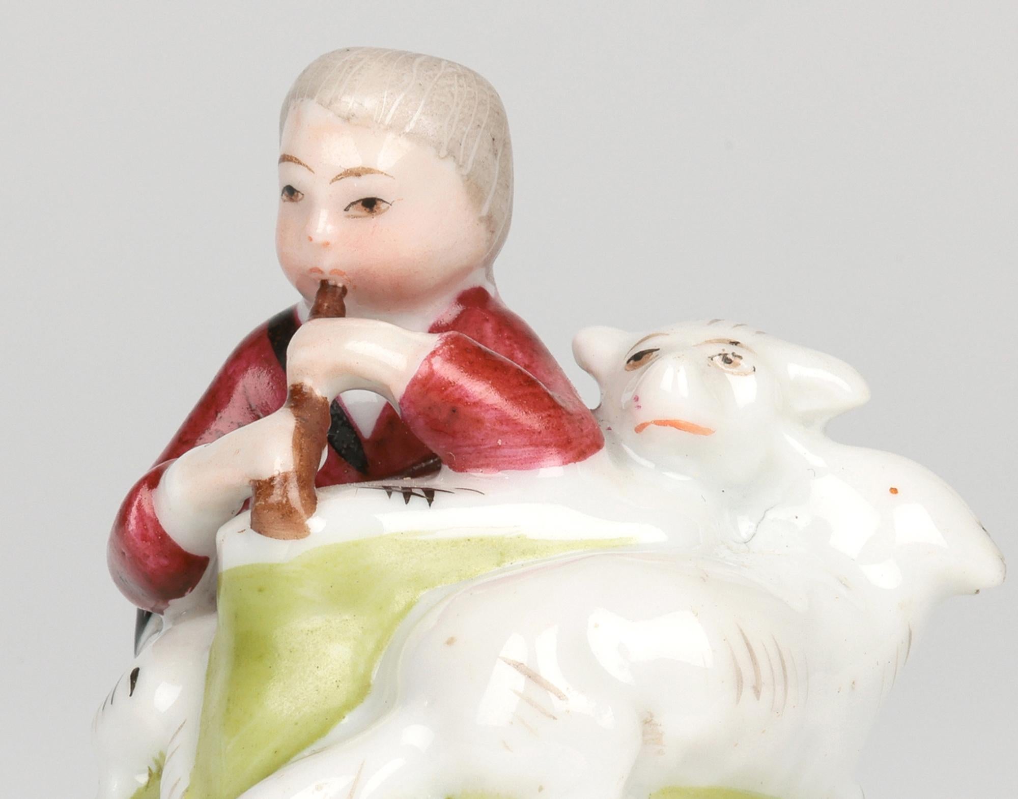 Glazed French Porcelain Brass Mounted Shepherd & Sheep Bonbonniere For Sale