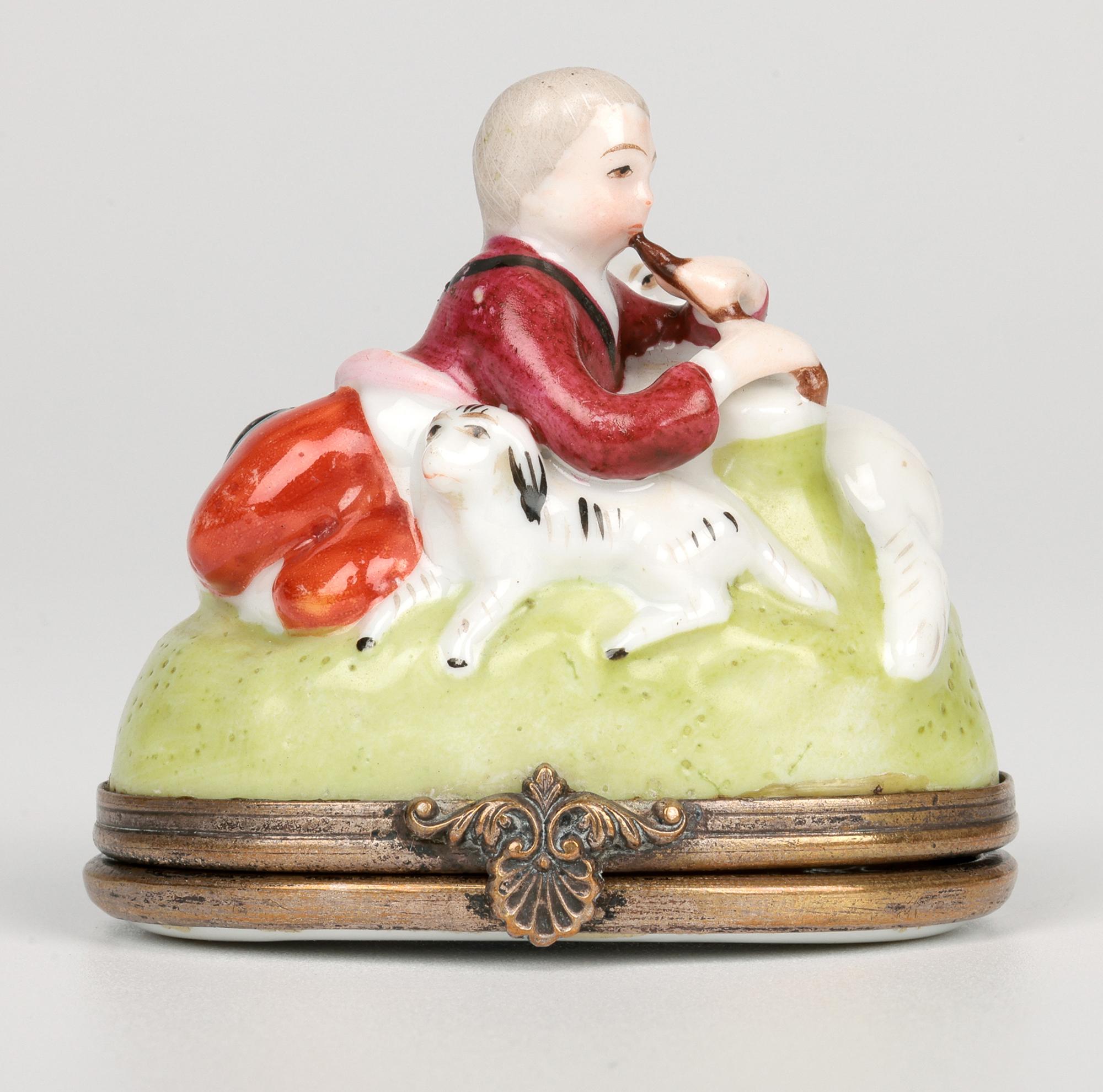 19th Century French Porcelain Brass Mounted Shepherd & Sheep Bonbonniere For Sale