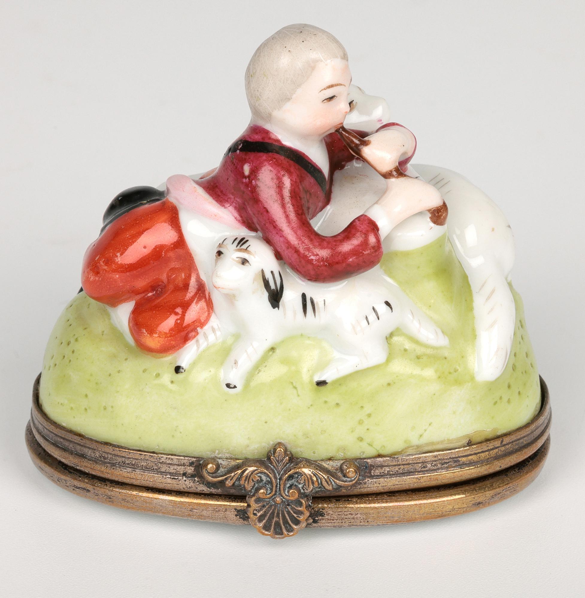 French Porcelain Brass Mounted Shepherd & Sheep Bonbonniere For Sale 2