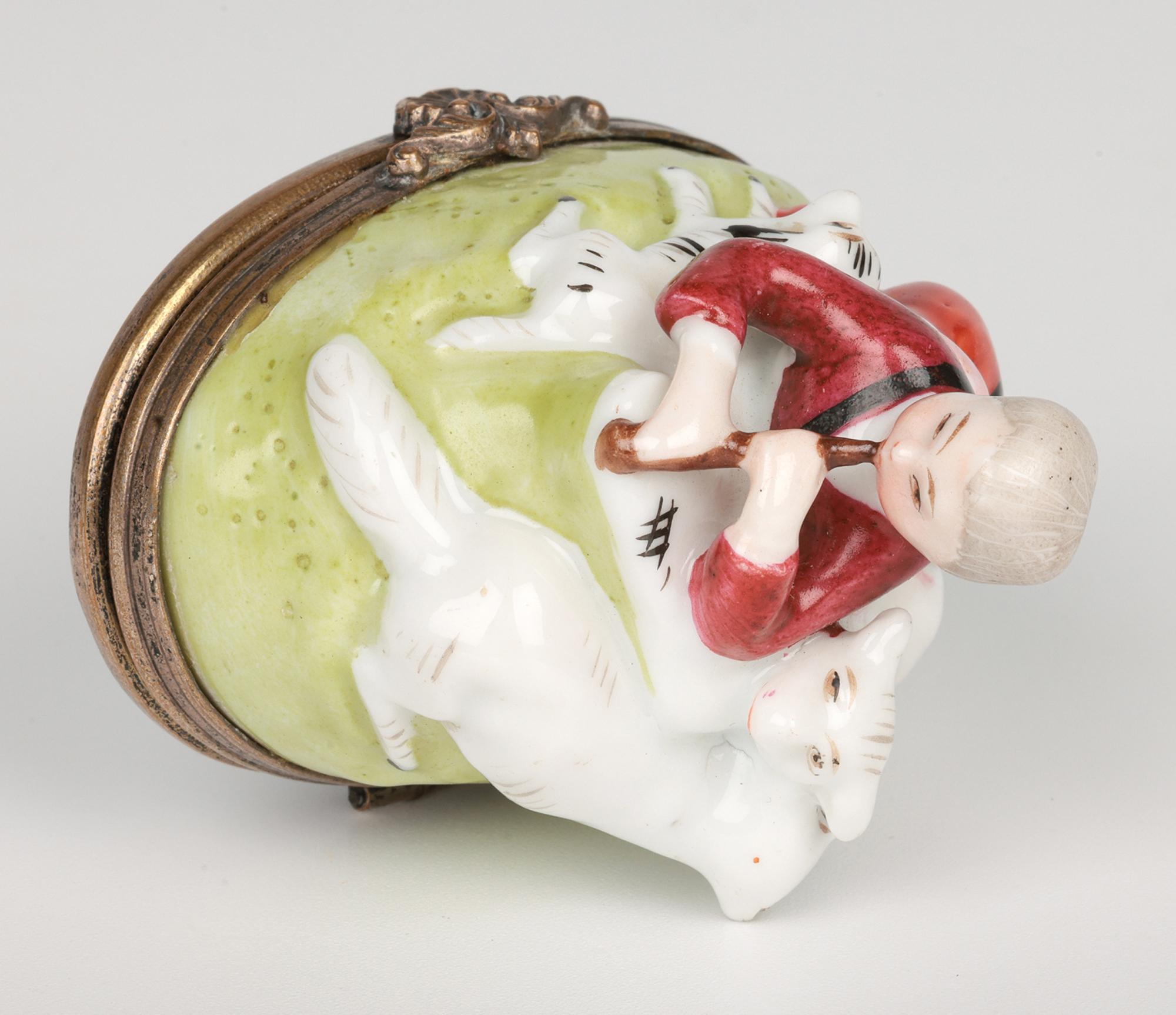French Porcelain Brass Mounted Shepherd & Sheep Bonbonniere For Sale 3