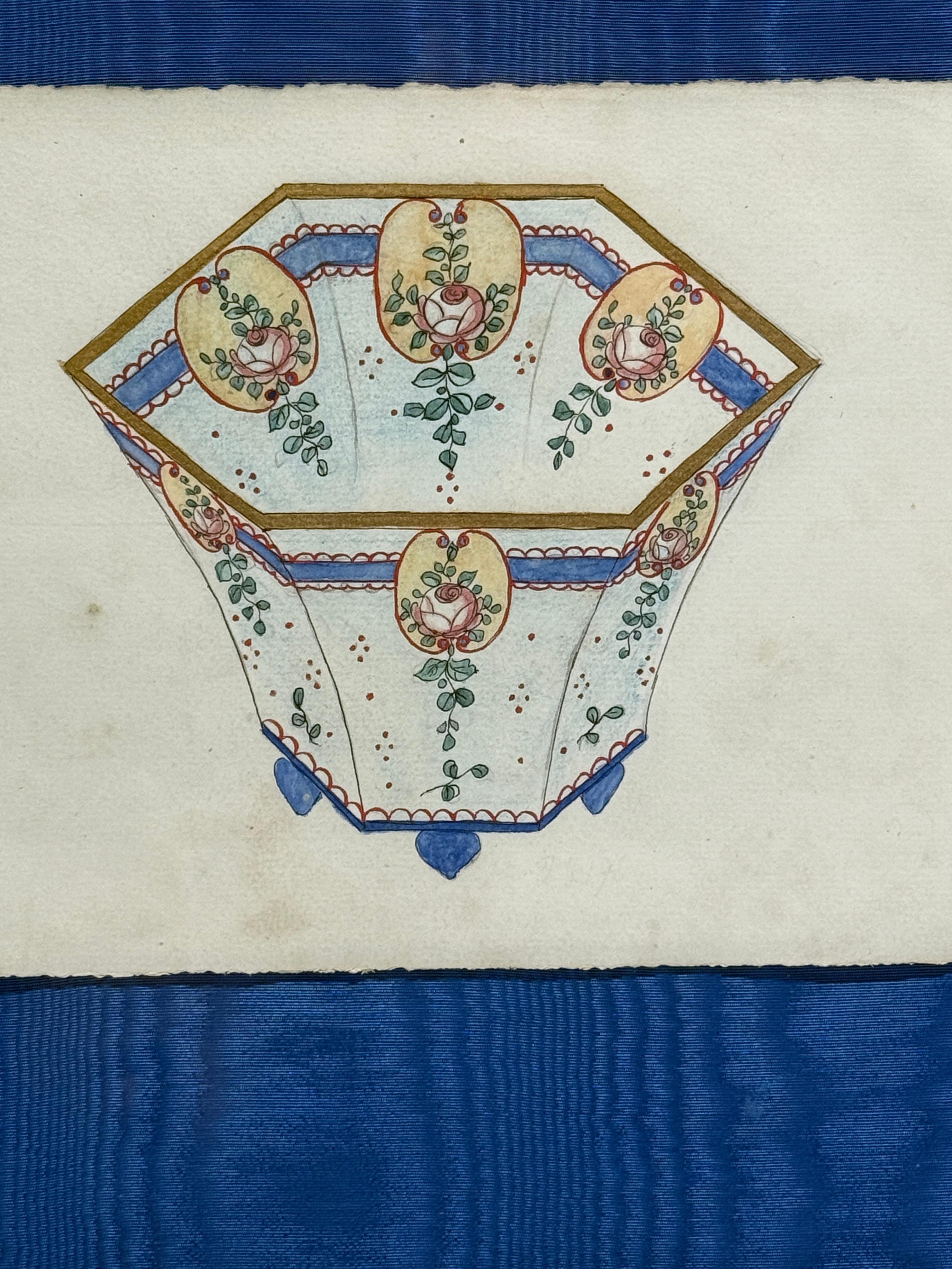 Français Aquarelle à motif de porcelaine française, Manufacture Fourmaintraux, Desvres, vers 1900 en vente