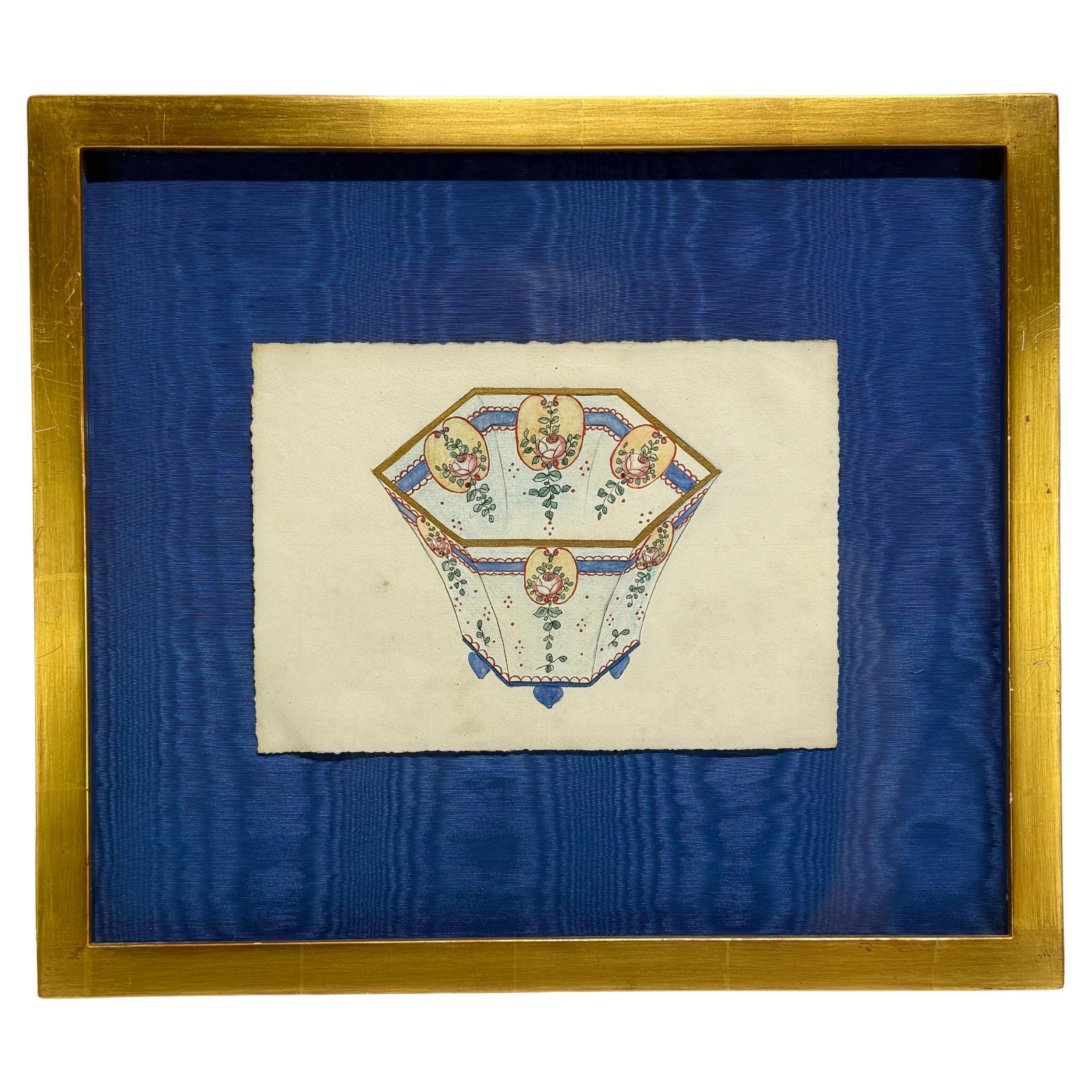 Französisches Porzellandesign Aquarell, Manufaktur Fourmaintraux, Desvres, ca. 1900