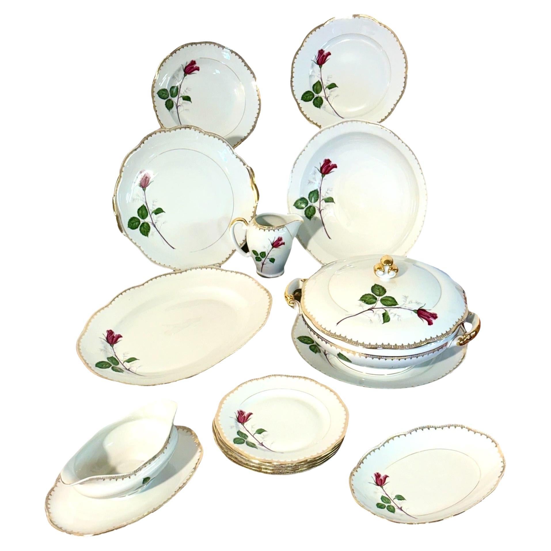 French Porcelain Dinner Service with Rose Motif, 45 Pieces