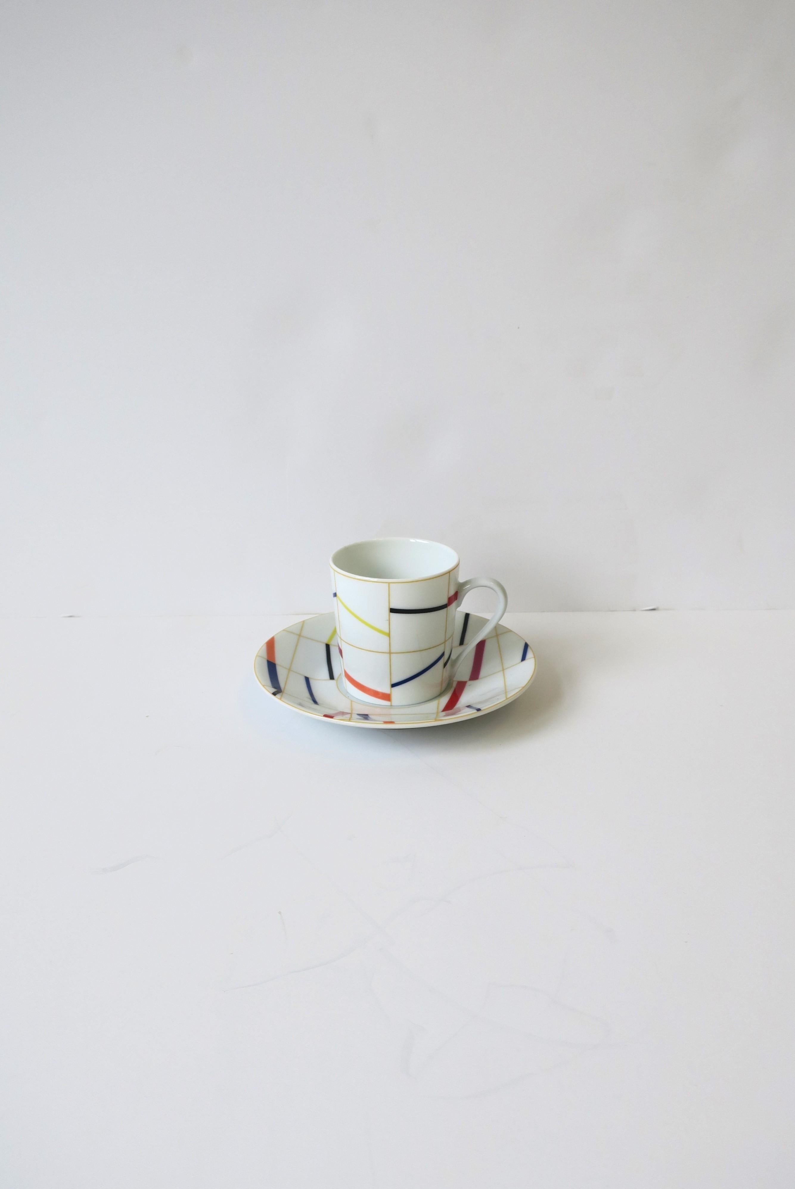 Modern French Porcelain Espresso Coffee or Tea Demitasse Cup Saucer w/Abstract Design For Sale