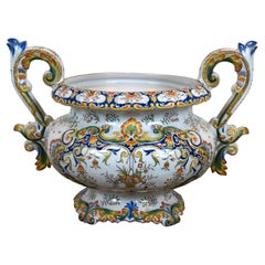 French Porcelain Faience Rouen Double Handled Urn Jardiniere Pot 21"