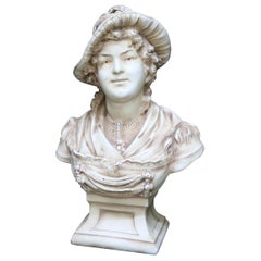 French Porcelain Figural Bust of Victorian Woman in Hat, Signed, circa 1890