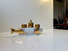 French Porcelain Fish Cruet Set with Salt, Pepper and Mustard, 1970s