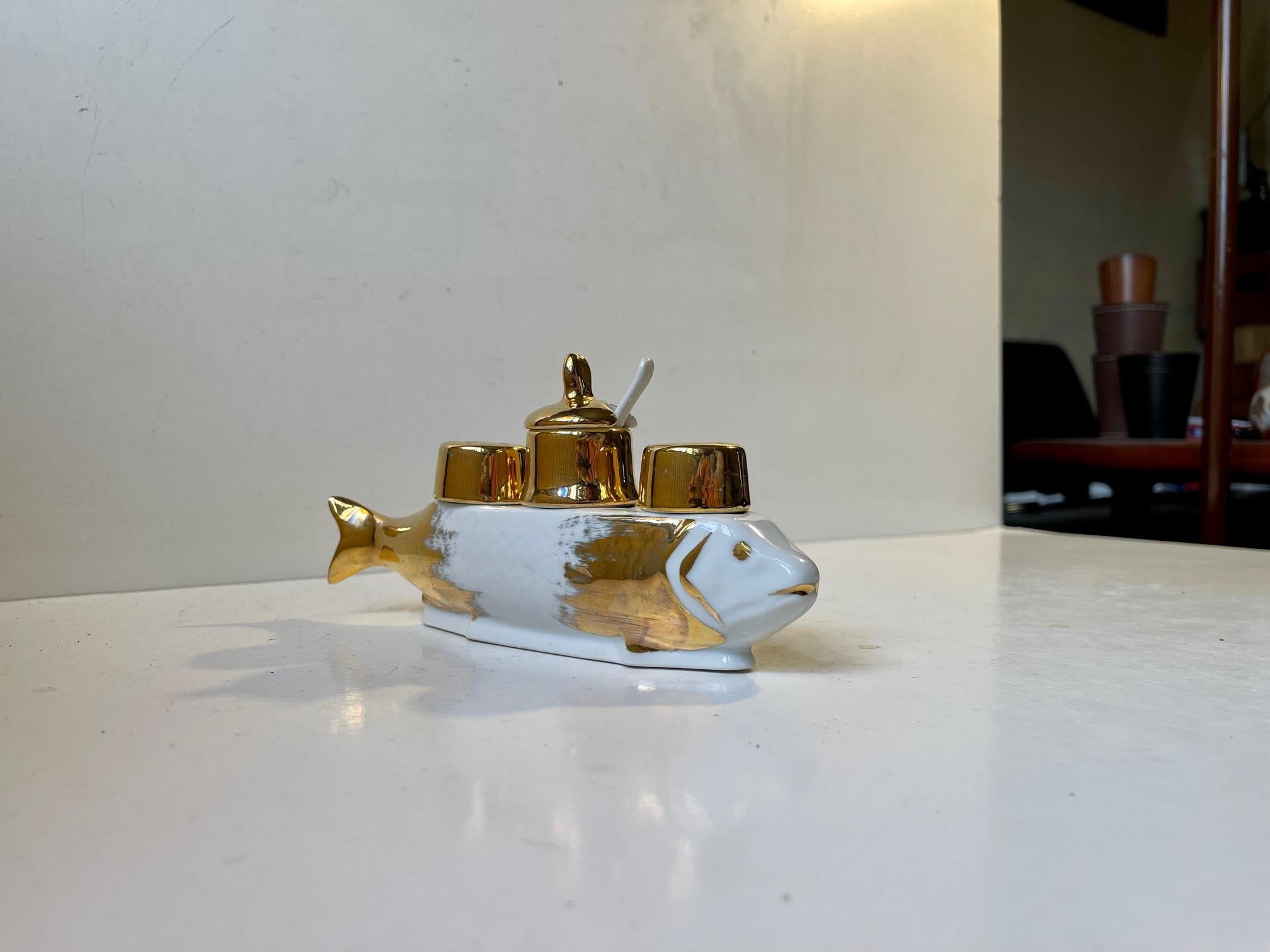 Mid-Century Modern French Porcelain Fish Cruet Set with Salt, Pepper and Mustard, 1970s For Sale