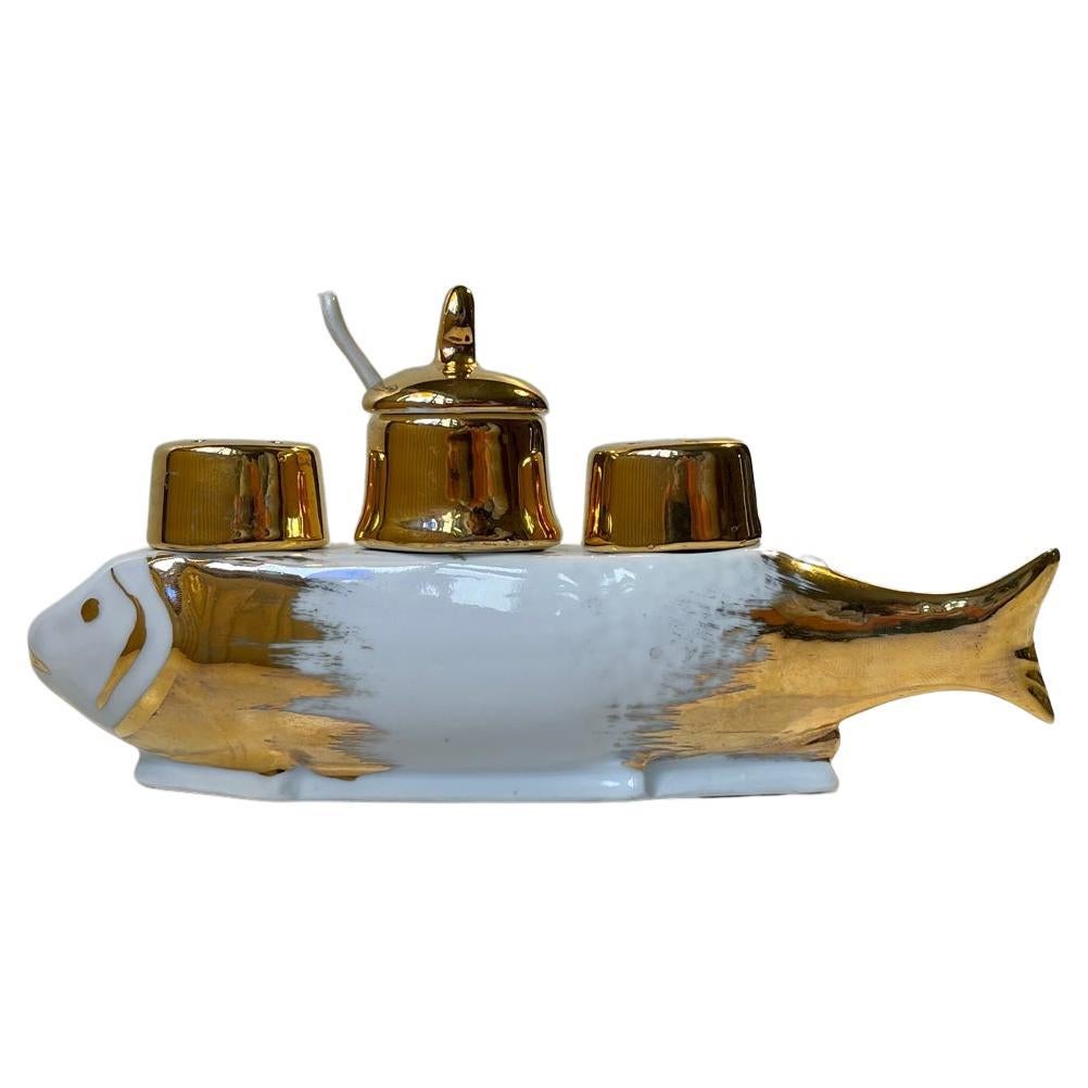 French Porcelain Fish Cruet Set with Salt, Pepper and Mustard, 1970s