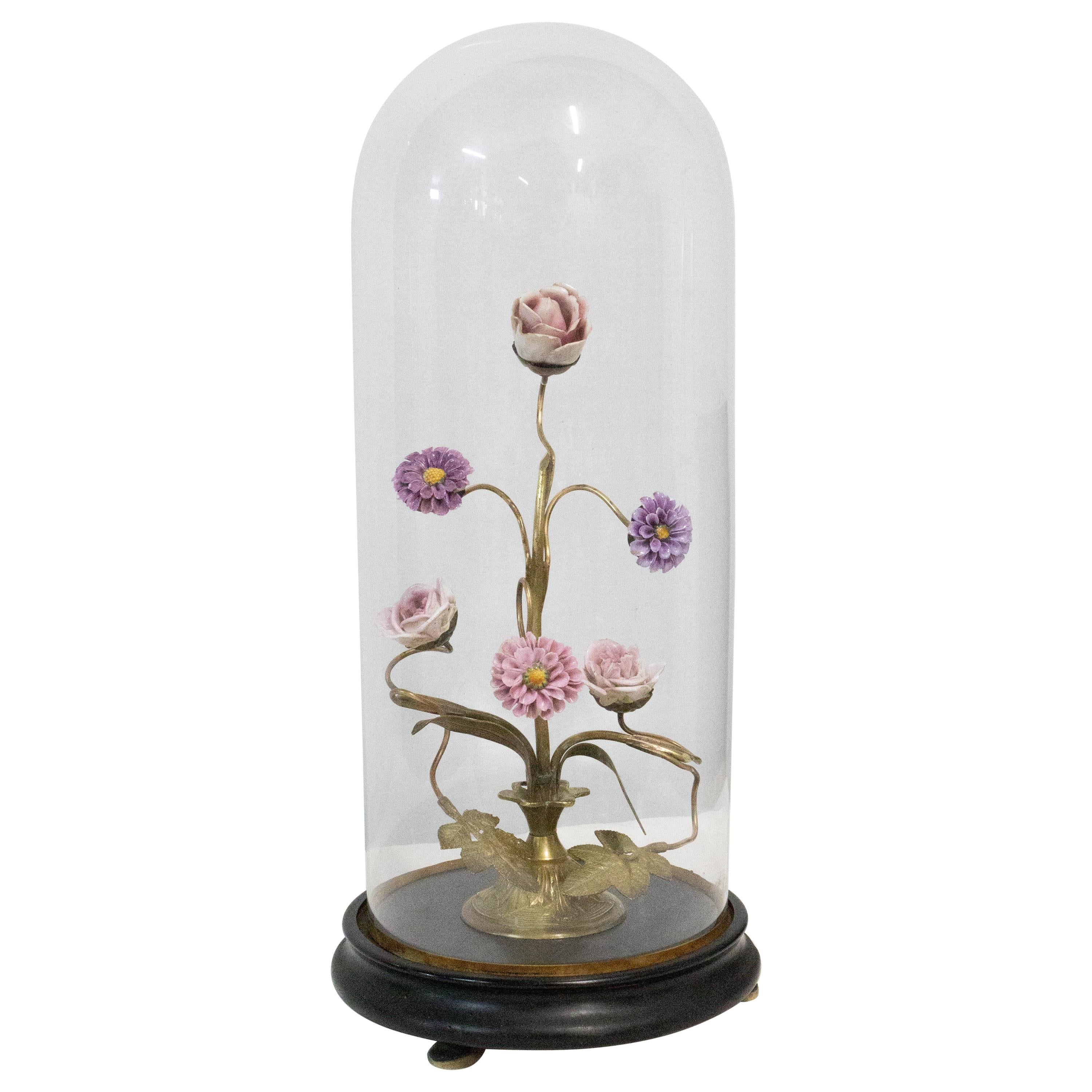 French Porcelain Flowers Globe Mariee Style under Glass Display Dome