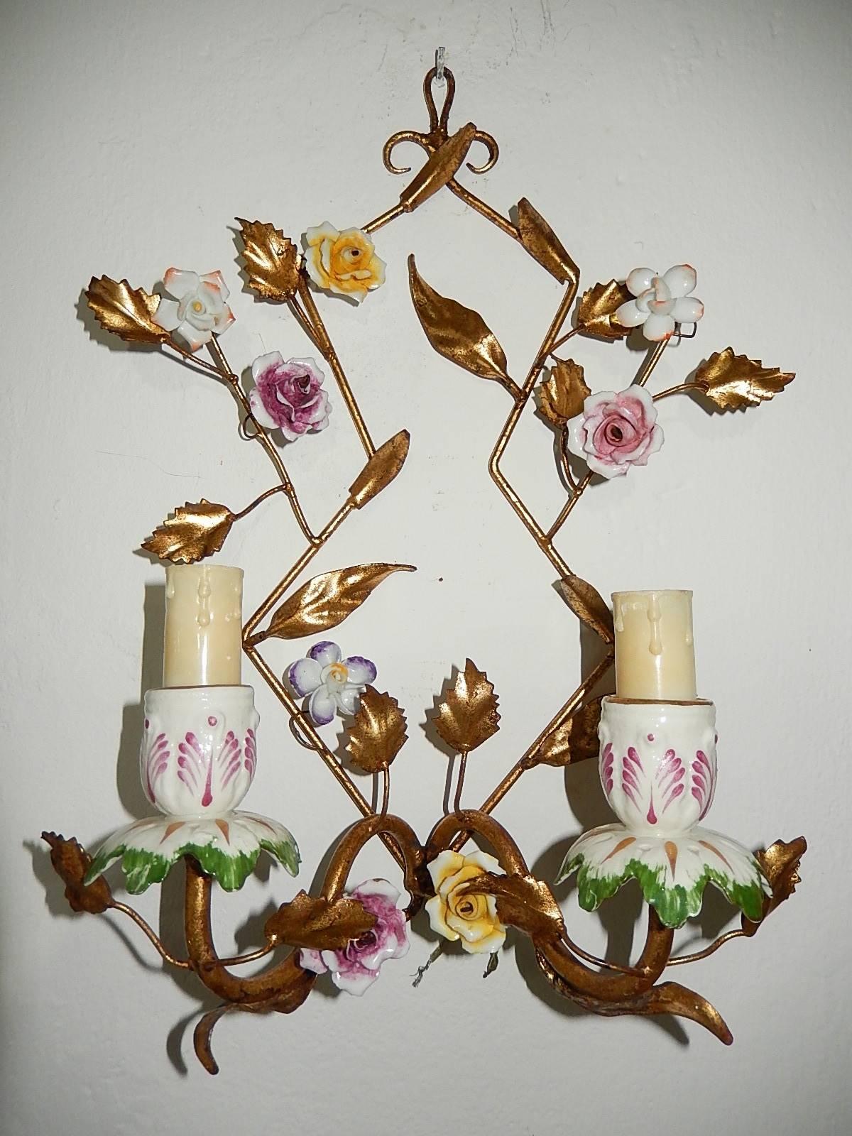 Early 20th Century French Porcelain Flowers Sconces, circa 1920
