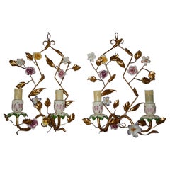 Antique French Porcelain Flowers Sconces, circa 1920