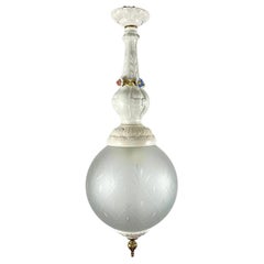 French Porcelain, Frosted Glass and Bronze Globe Chandelier, 1960s