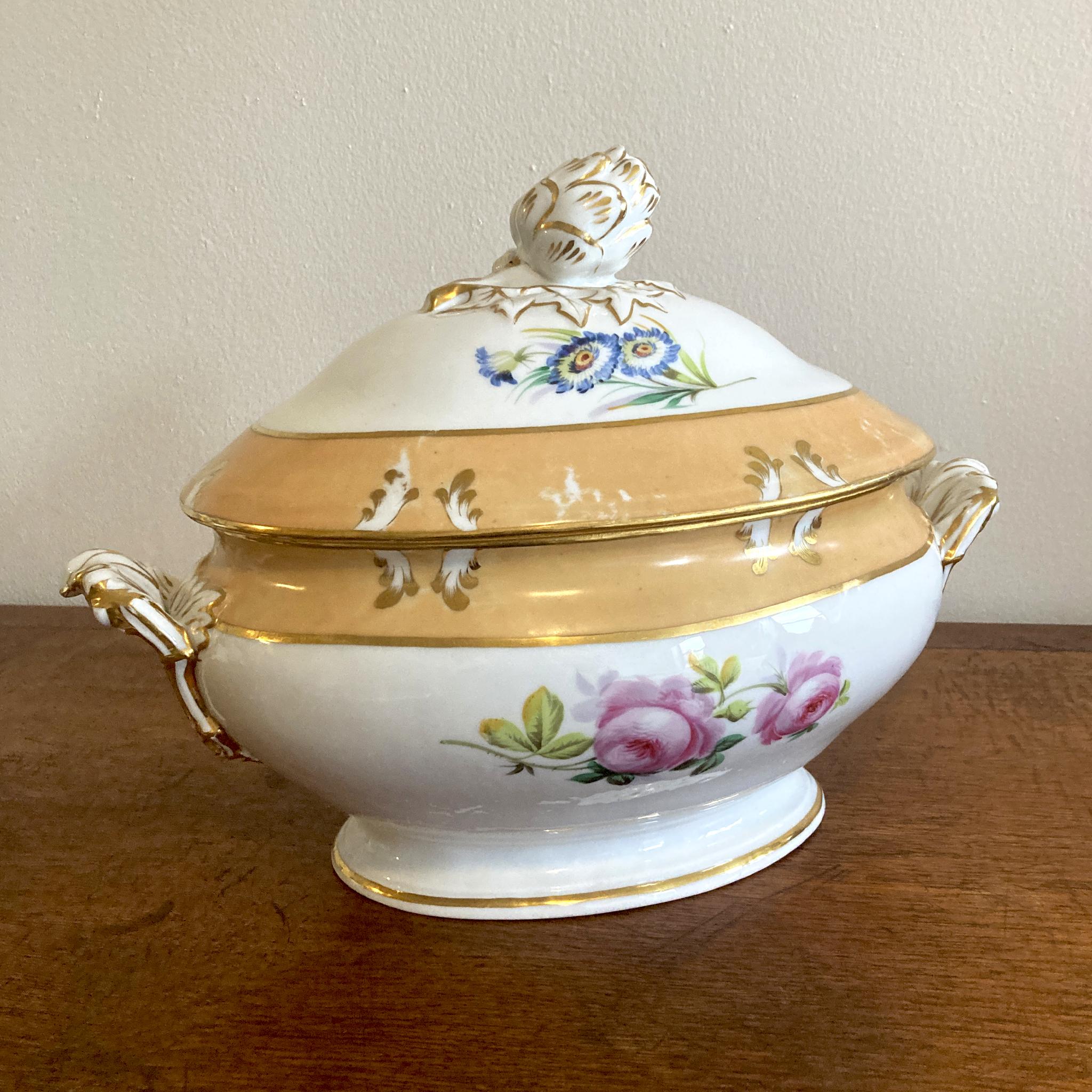 Glazed French Porcelain Hand Painted Floral Tureen, Acorn Detail, Late 19th Century For Sale